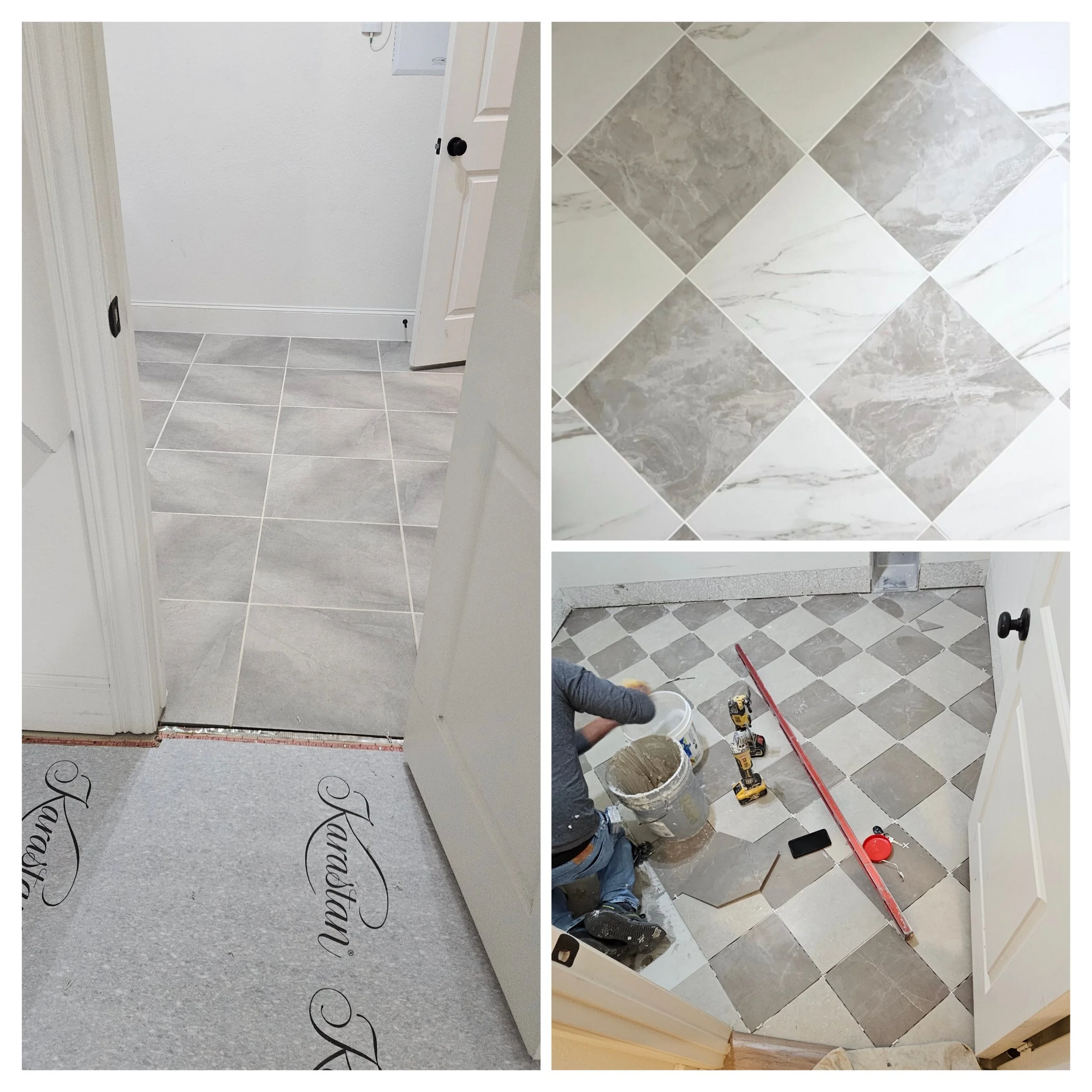 Collage of three images showing the installation of ceramic or porcelain tile flooring in a room, with close-ups of different tile patterns and a worker laying tiles.