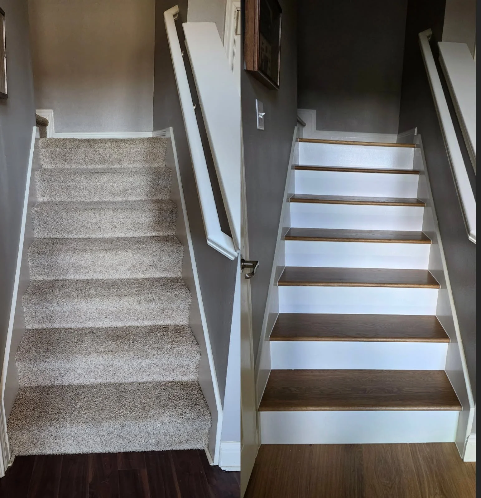 A side-by-side comparison of a staircase before and after renovation. The left side shows a carpeted staircase with beige carpeting and a handrail on the right side. The right side shows the same staircase after renovation, now featuring wooden tread