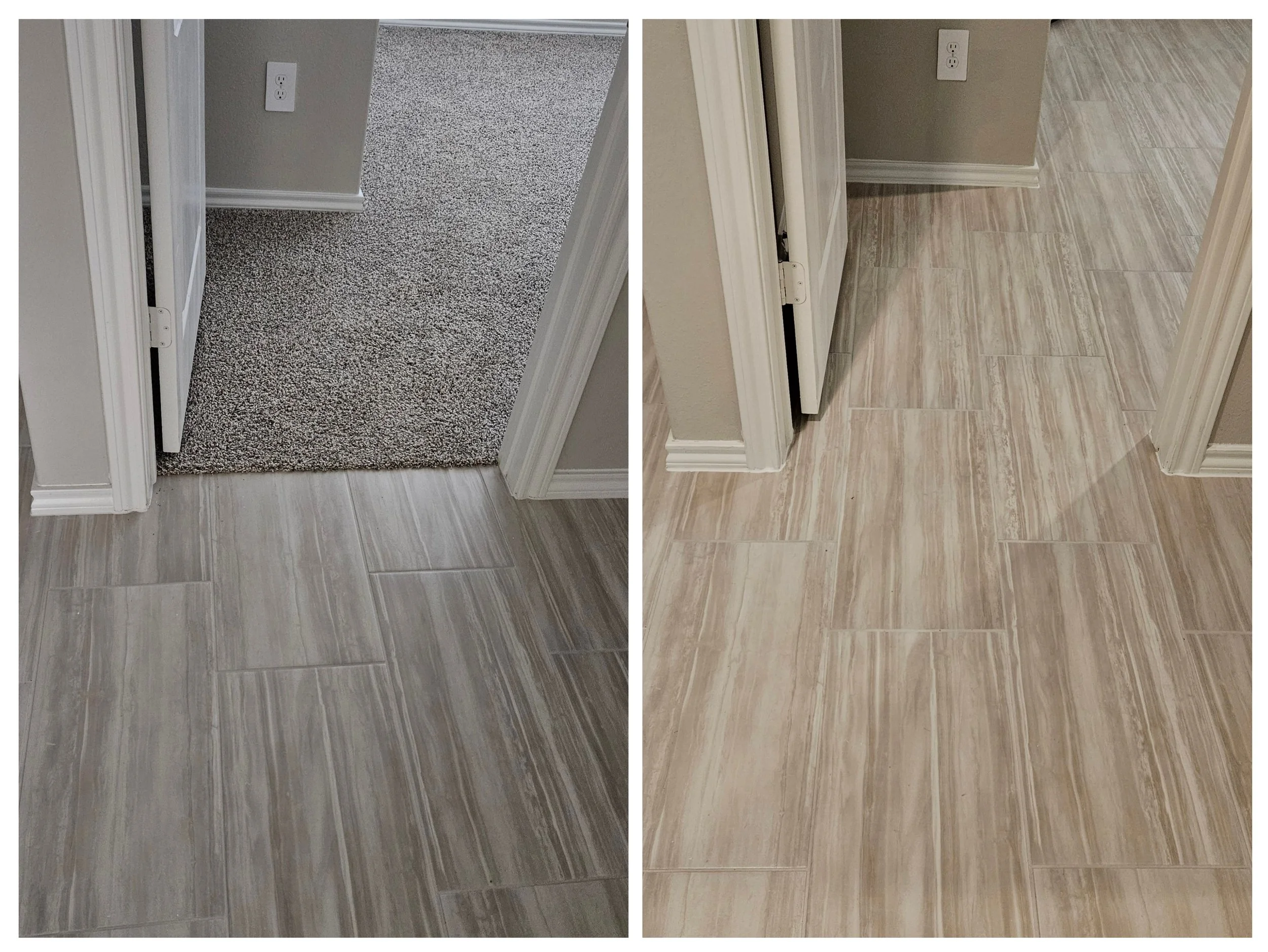 Comparison of flooring types in two rooms; the left side shows a bathroom with a beige/tan tiled floor and an entryway with carpet, while the right side displays a set of rooms with a light-colored wood or tile floor.
