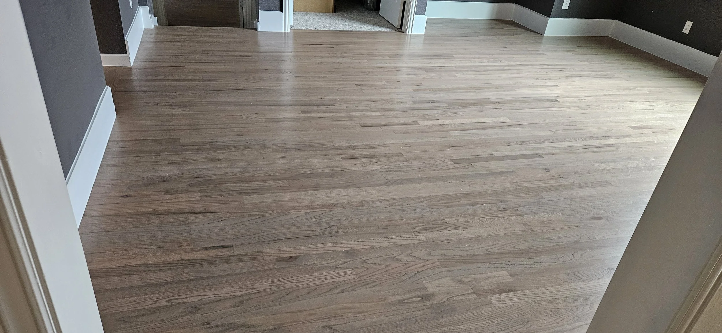 Empty room with light wood flooring, gray and black walls, doorways in the background, and white baseboards.
