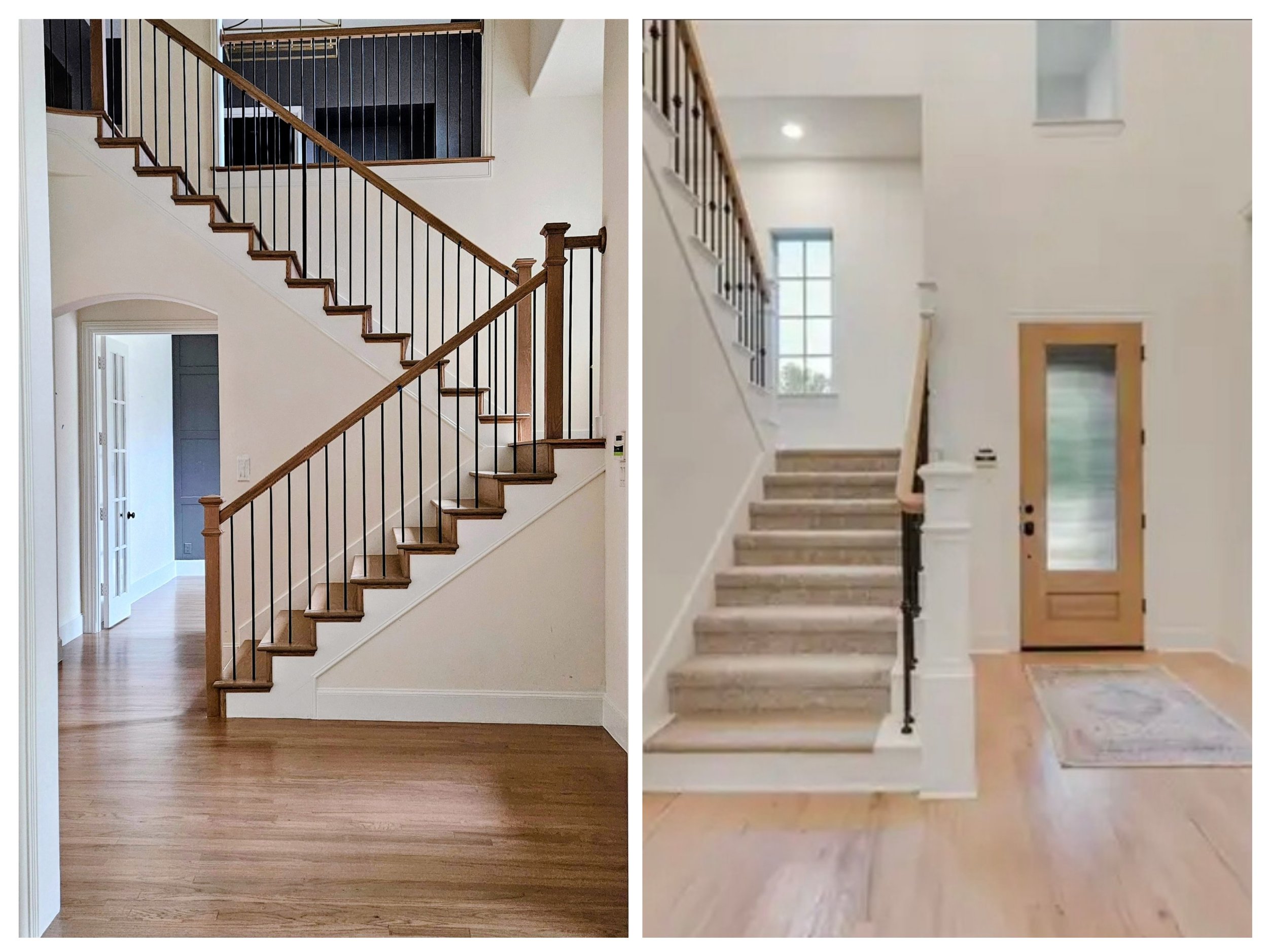 Side-by-side comparison of two interior staircases in modern homes, one with wooden stairs and railing, the other with carpeted stairs and a wooden door at the entrance.