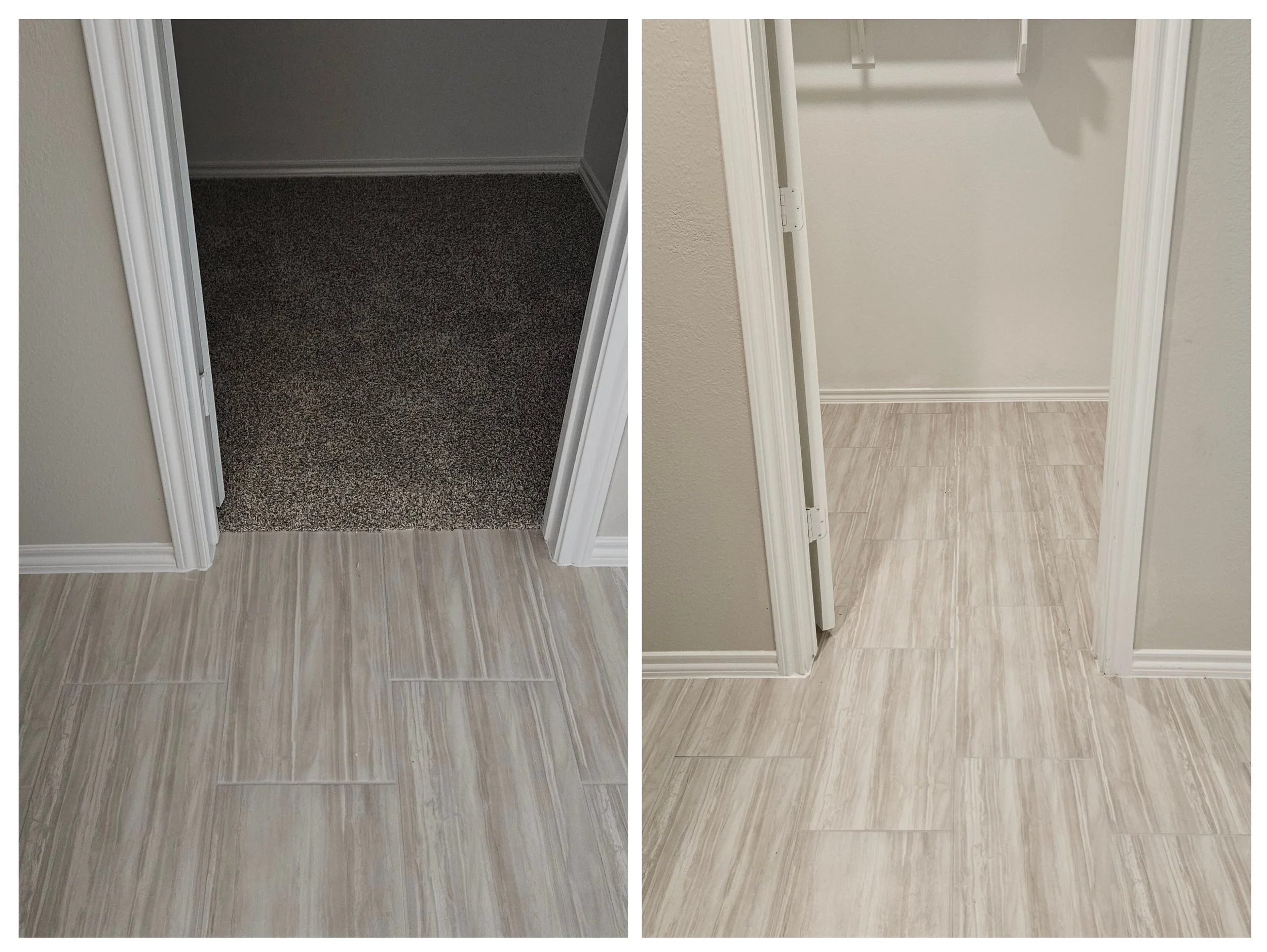 Comparison of two doorways showing differences in flooring; left doorway has carpeted floor, right doorway has light-colored tile flooring.