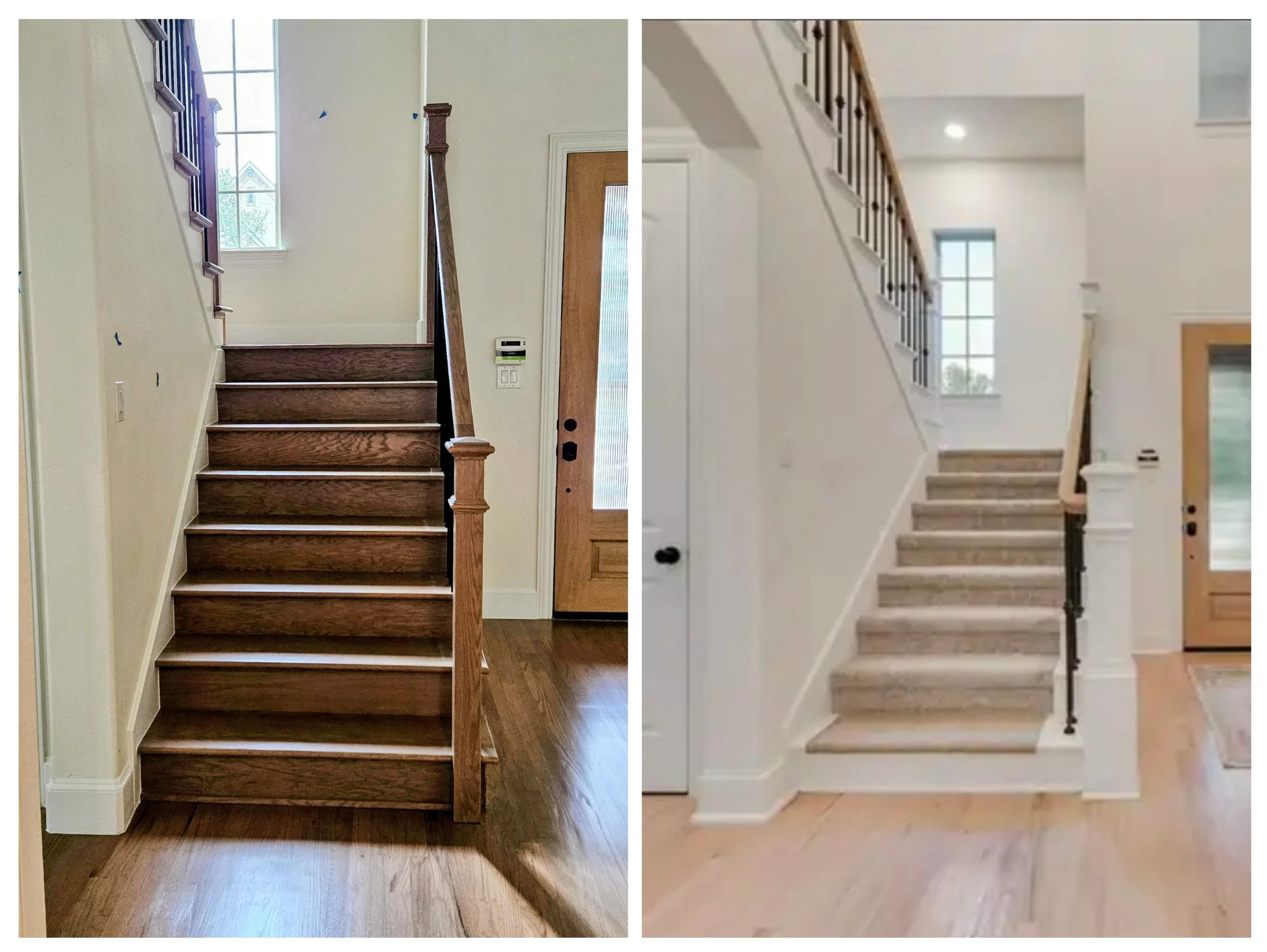 Comparison of two interior staircases, left staircase made of dark wood with detailed bannister, right staircase made of light wood with simpler bannister, both in modern homes.