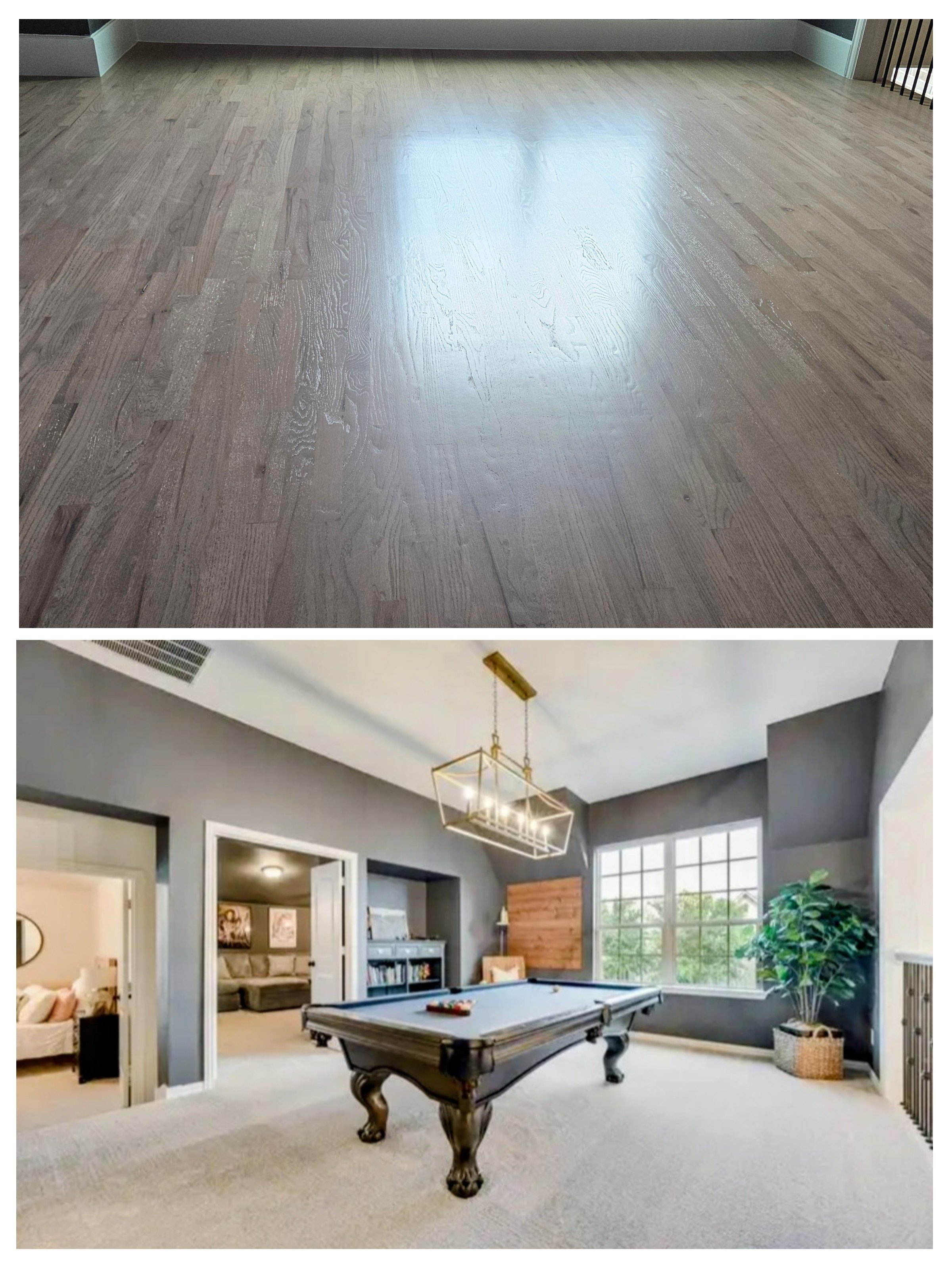 Two photos: the first shows a clean, polished hardwood floor; the second shows a game room with a pool table, large window, and modern light fixture.