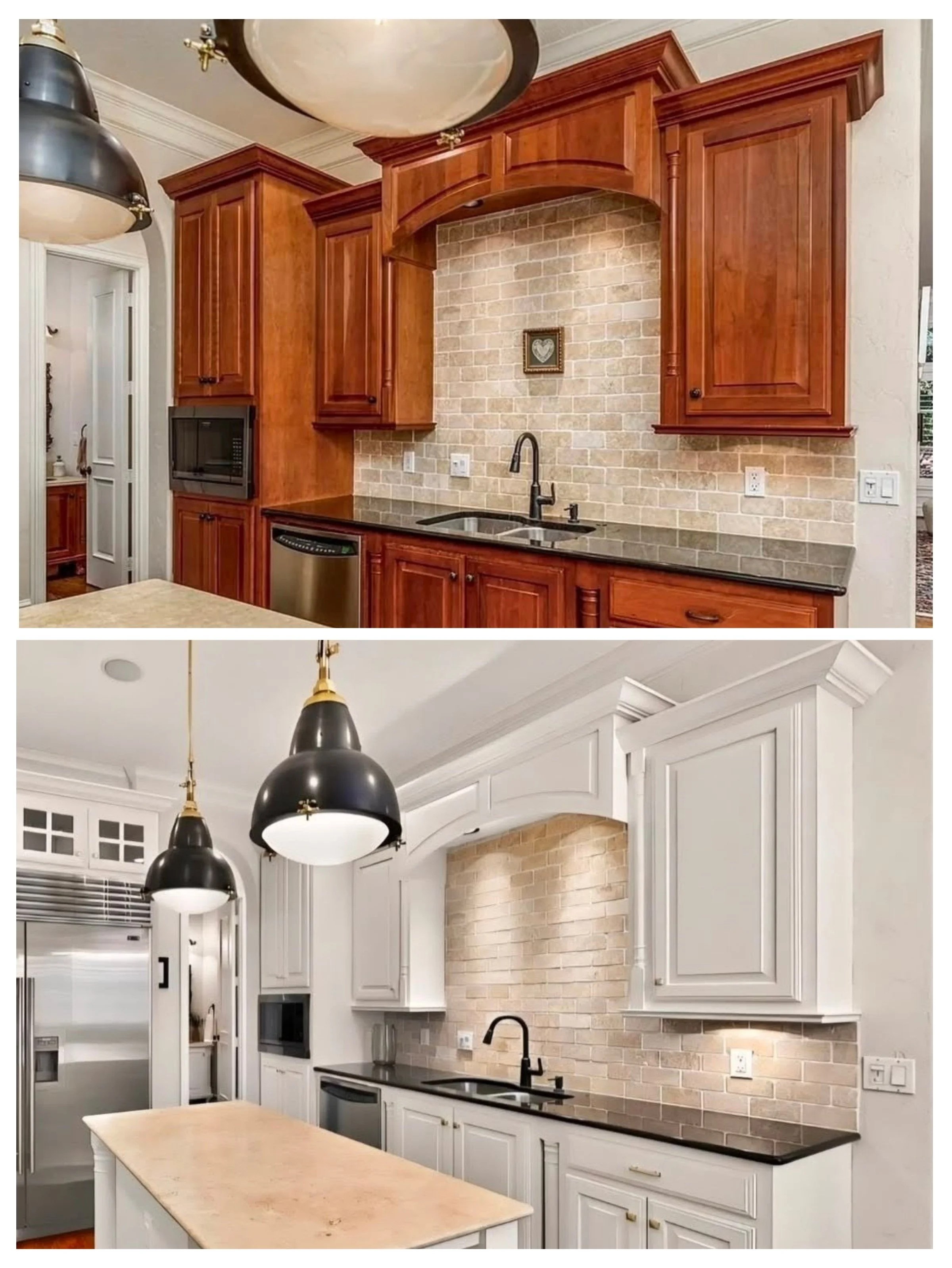 Comparison of two kitchen designs, the top with wooden cabinets and the bottom with white cabinets, both featuring a brick backsplash and black countertops.