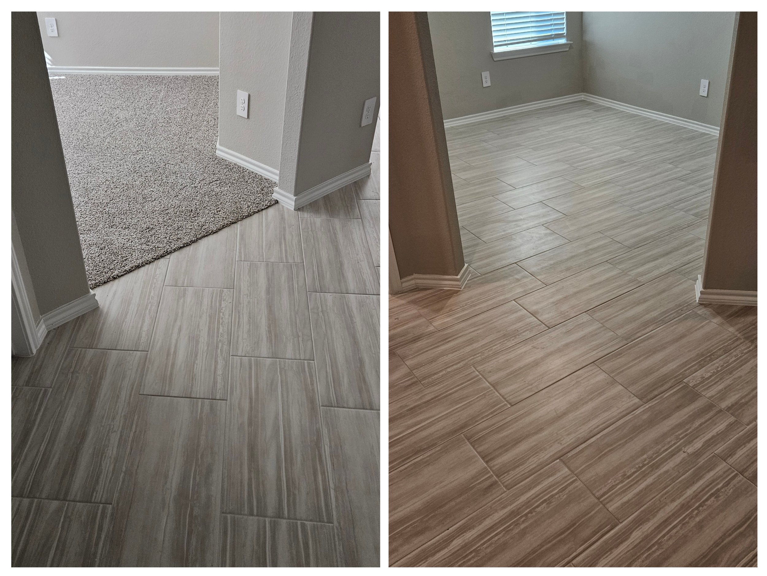 Comparison of flooring transitions: left shows carpet to tile transition, right shows fully tiled room with window.