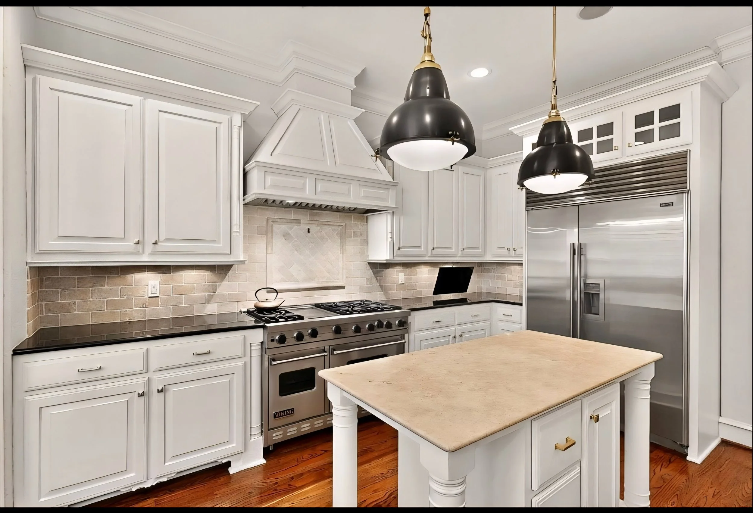 A modern kitchen with white cabinetry, a beige tiled backsplash, black countertops, and stainless steel appliances including a refrigerator and stove. There are three black pendant lights hanging above a central kitchen island with a beige countertop