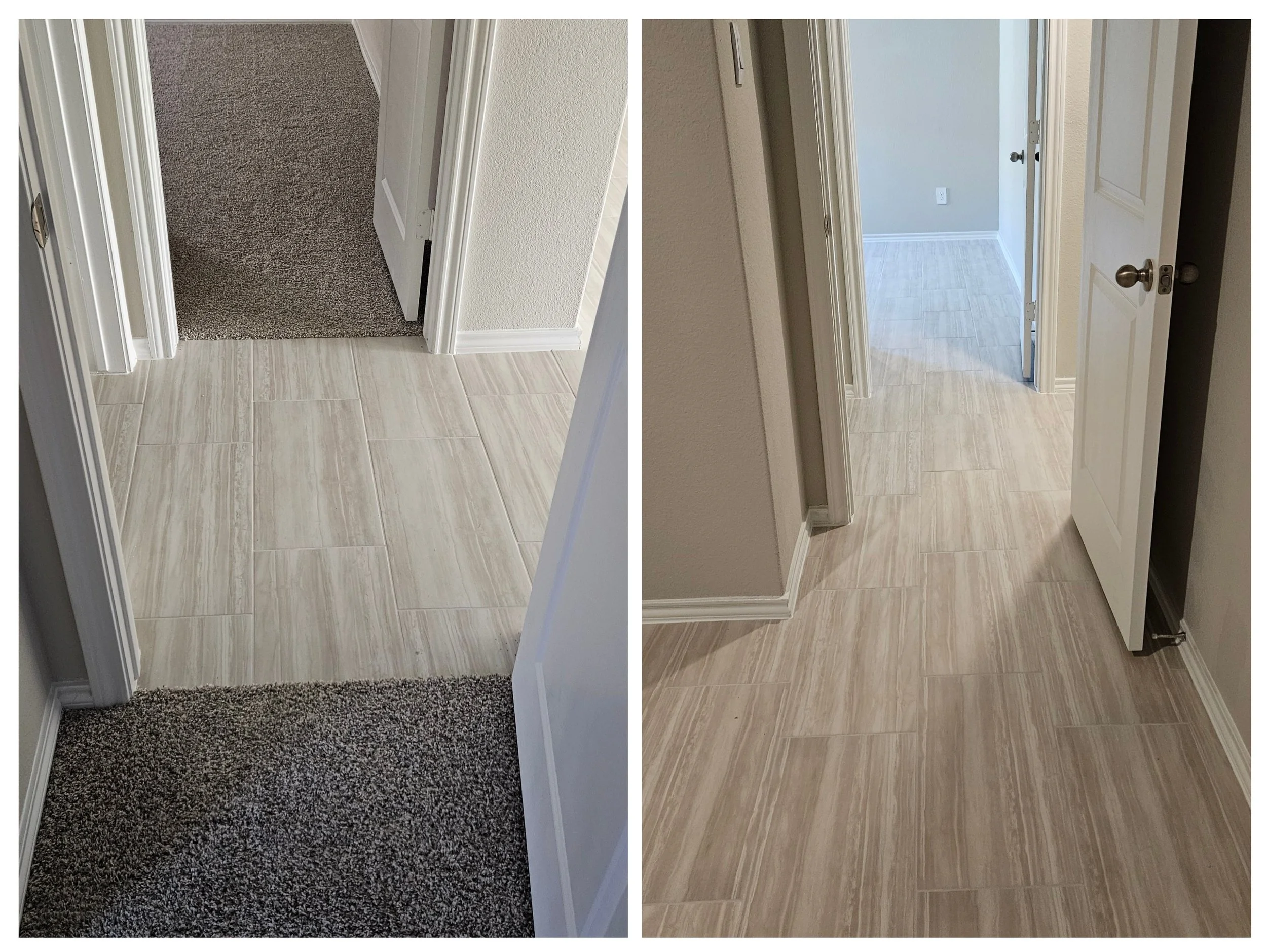 Comparison of doorways with different flooring types. The left side shows a hallway with beige tiled floors leading to rooms with carpeted flooring. The right side shows a hallway with beige tiled floors leading to a room with similar beige tile floo