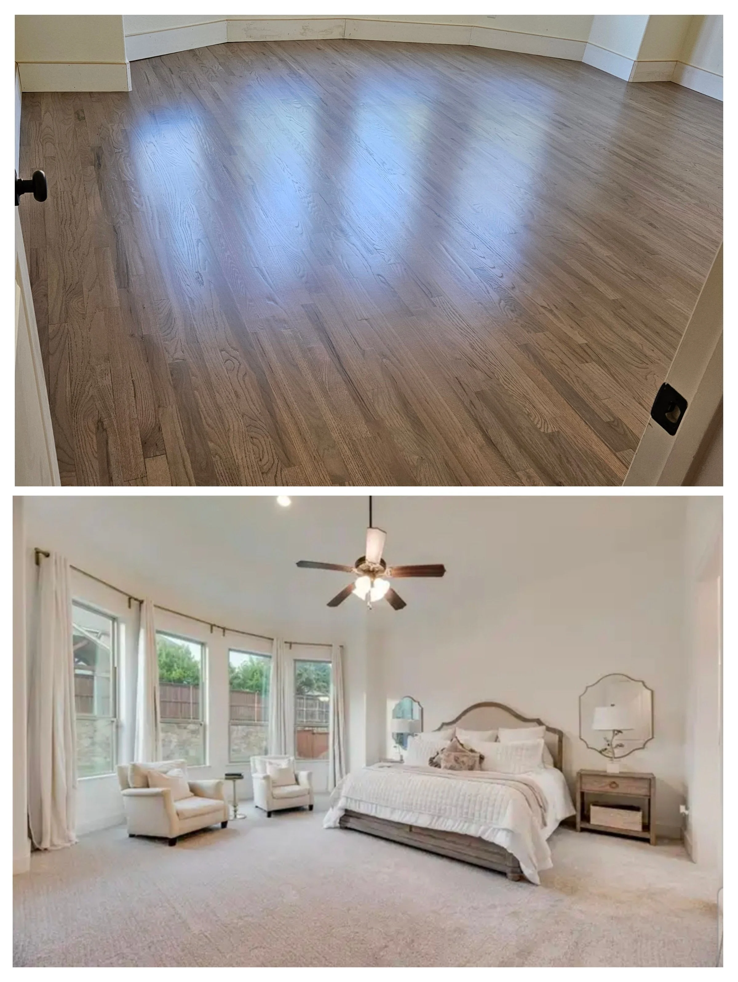 The top image shows a room with newly installed hardwood flooring. The bottom image depicts a bedroom with a large bed, white curtains, a ceiling fan, and a few chairs near the window.