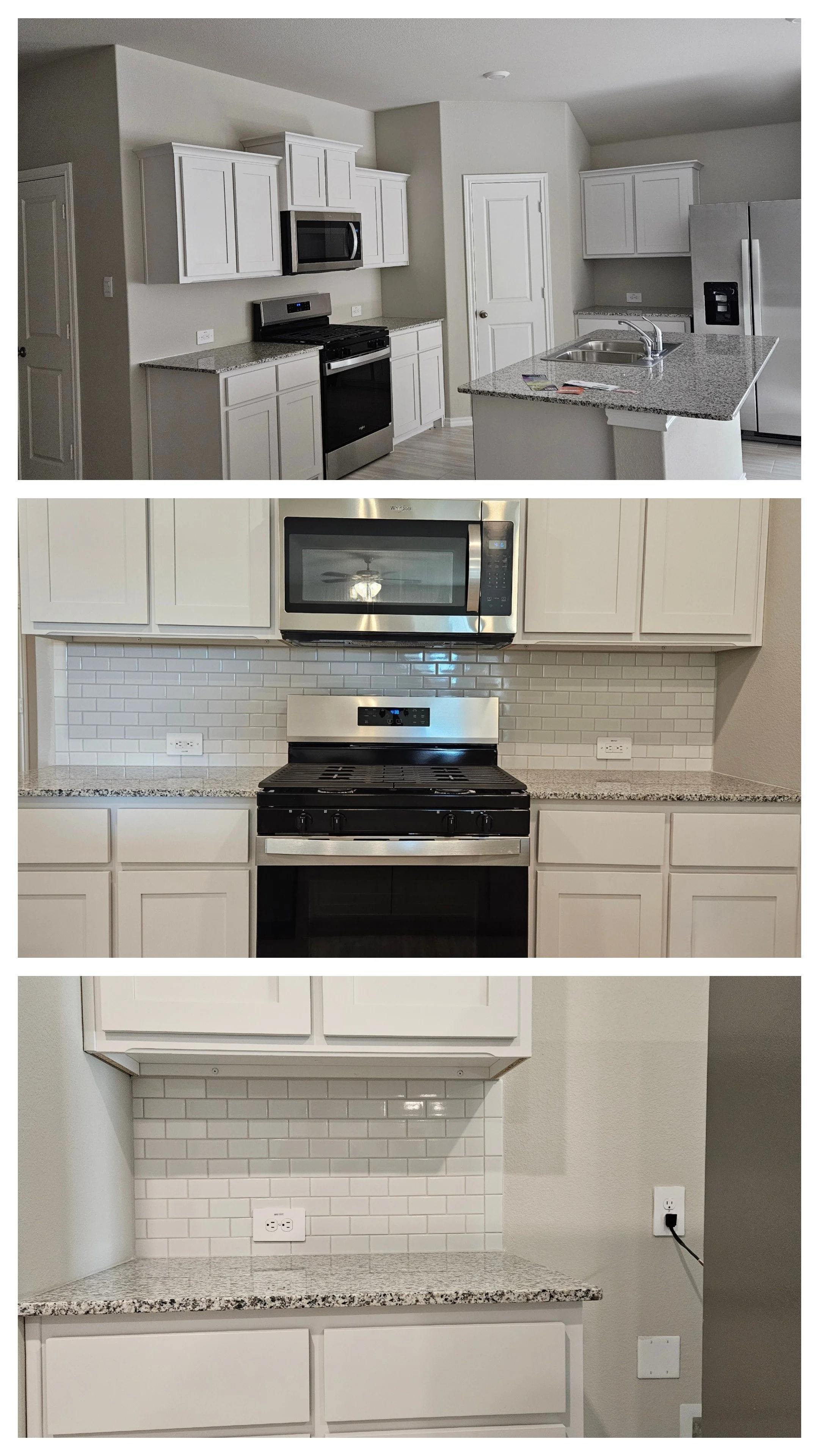 Collage of three images showing kitchen areas with white cabinets, granite countertops, and appliances. The first image shows a mostly empty kitchen with a refrigerator, microwave, and stove. The second image shows a close-up of a modern stove and mi