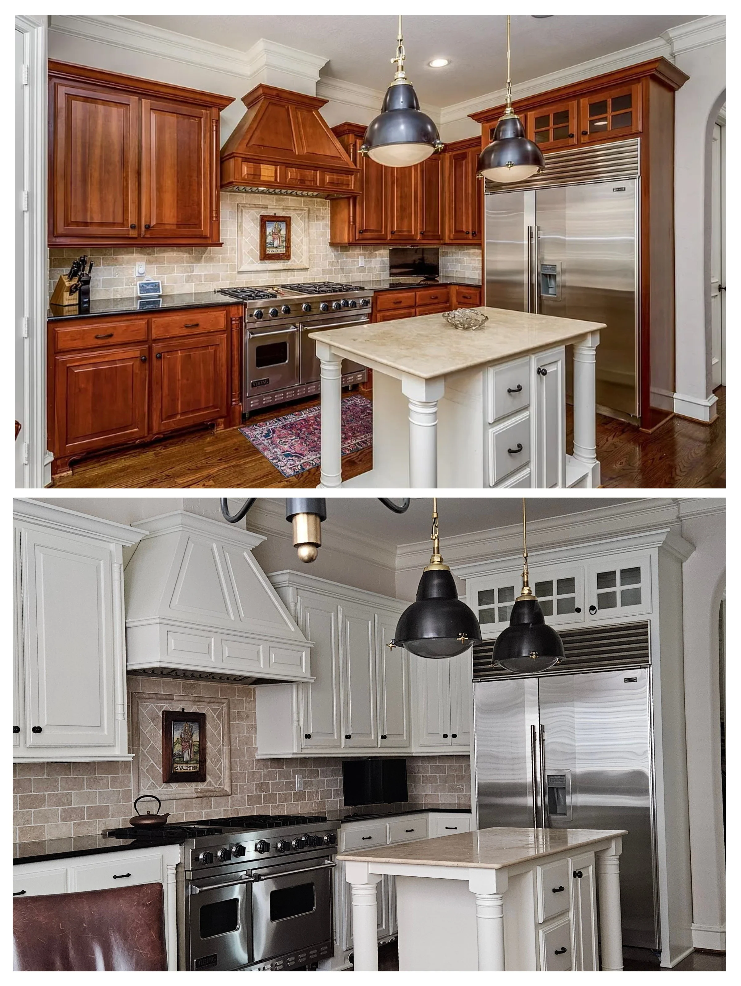 Comparison of two kitchen photos: The top kitchen has wooden cabinets, a beige tile backsplash, and a white kitchen island, while the bottom kitchen has white cabinets, a matching backsplash, and a similar white kitchen island. Both kitchens have pen