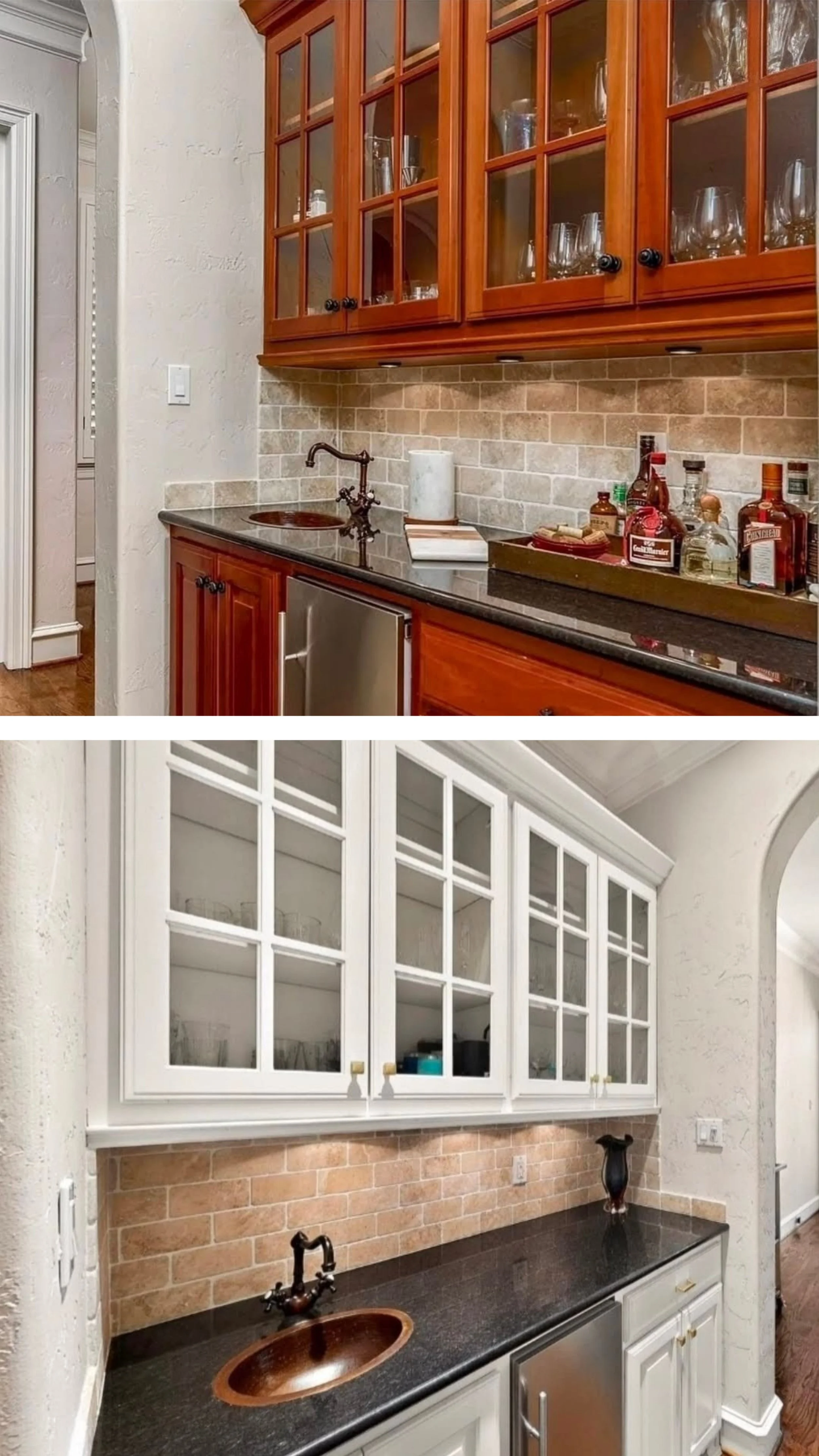 Comparison of two kitchen setups: the top has wooden cabinets with glass doors and a black countertop, while the bottom has white cabinets with glass doors and a black countertop.