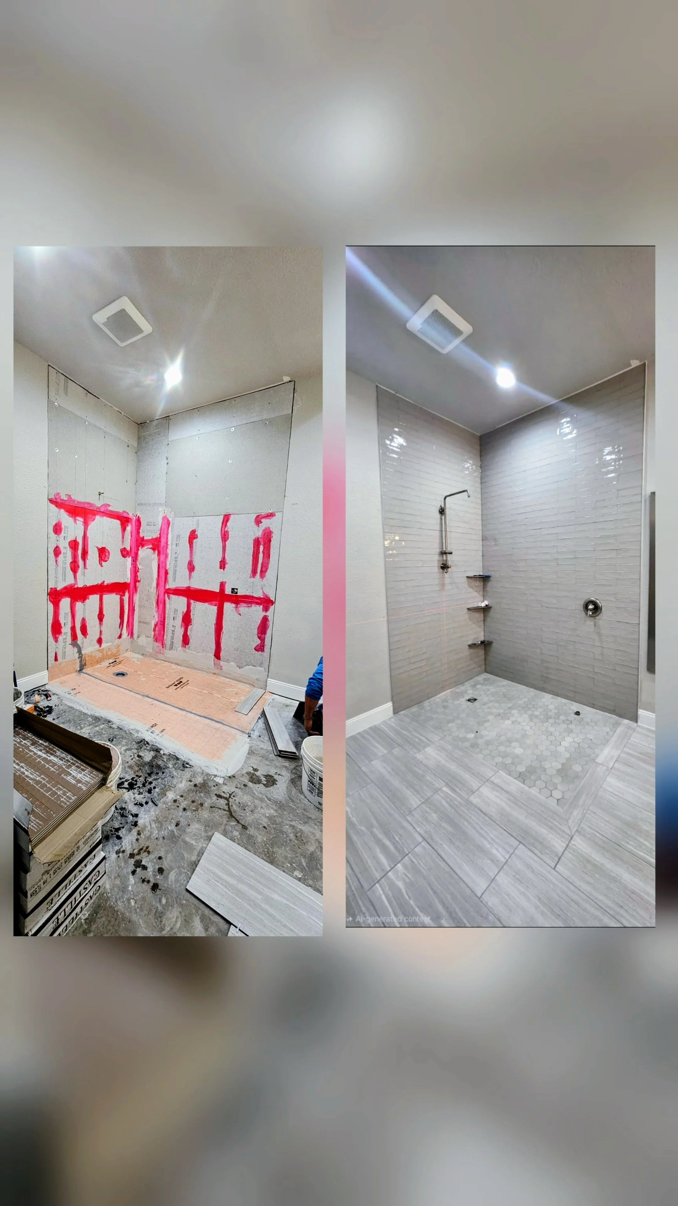 A before and after comparison of a bathroom shower renovation, showing the wall being prepared and the finished tiled shower.