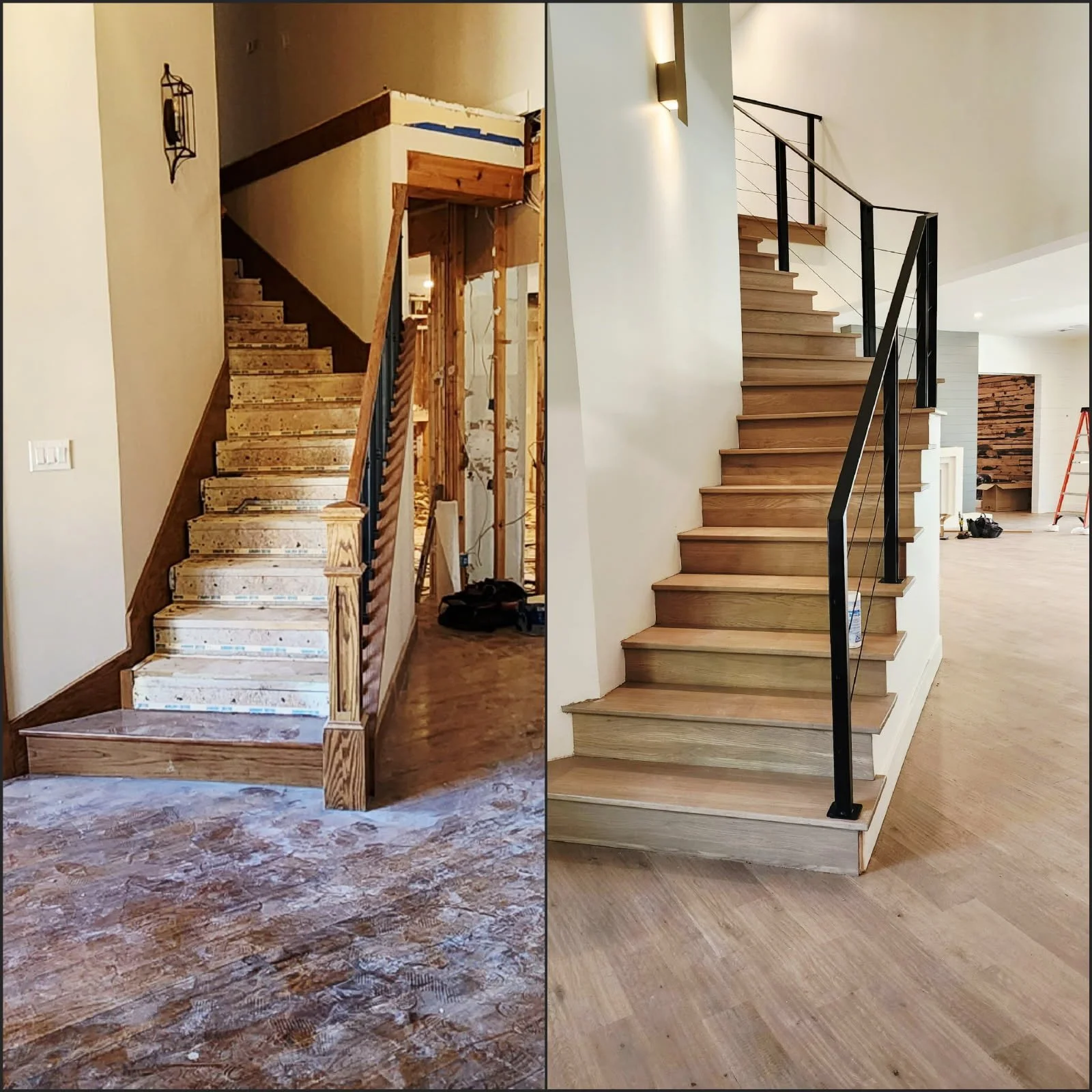 Side-by-side comparison of two staircases: the left staircase is unfinished with visible construction work, lower steps with protective covering, and a unfinished wall; the right staircase is completed with finished wooden steps, modern black metal r