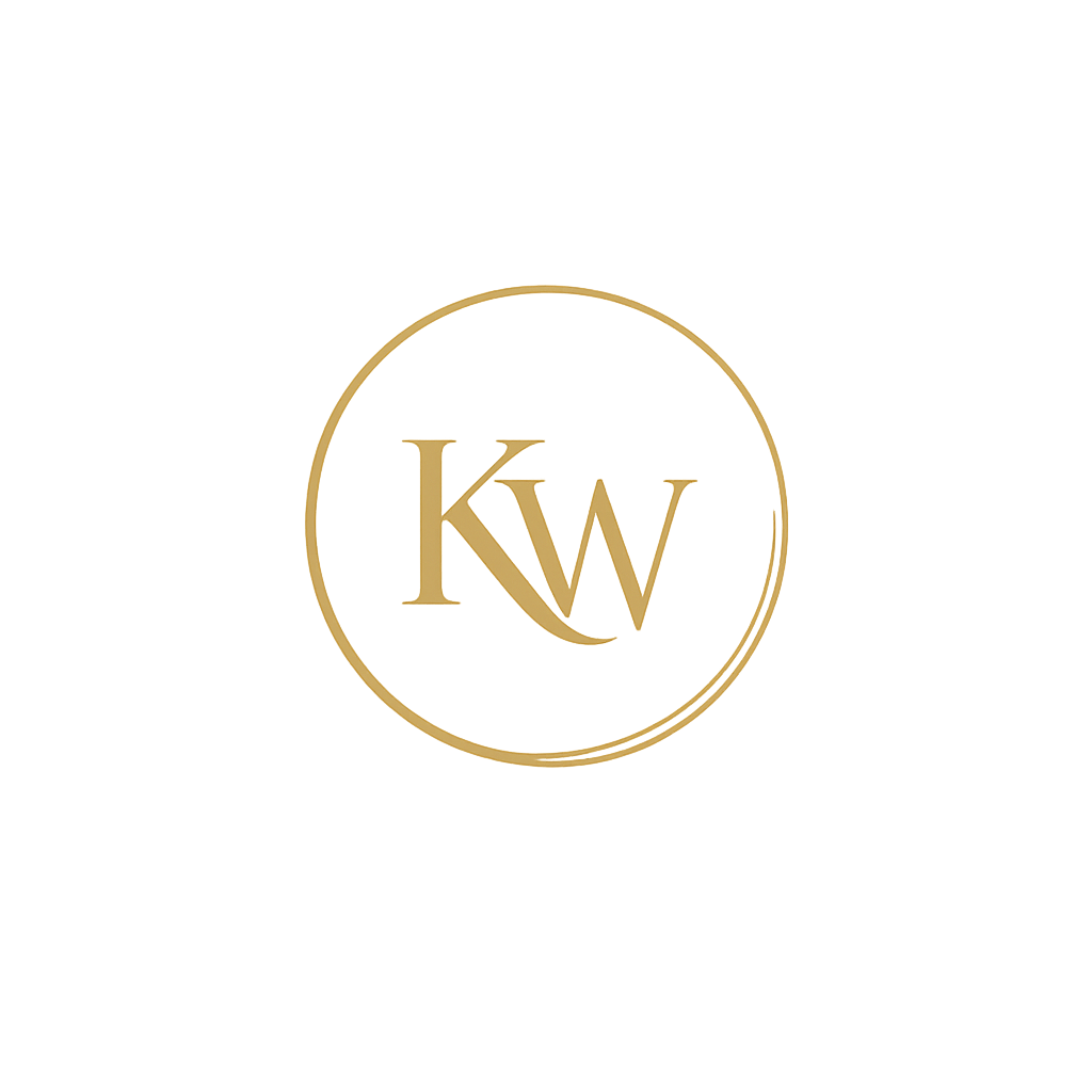 Black background with a gold circular logo containing the initials 'KW' in gold.