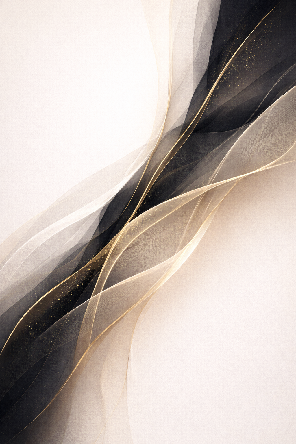 Abstract artwork with flowing, layered curves in shades of black, beige, and gold, with subtle glitter accents.