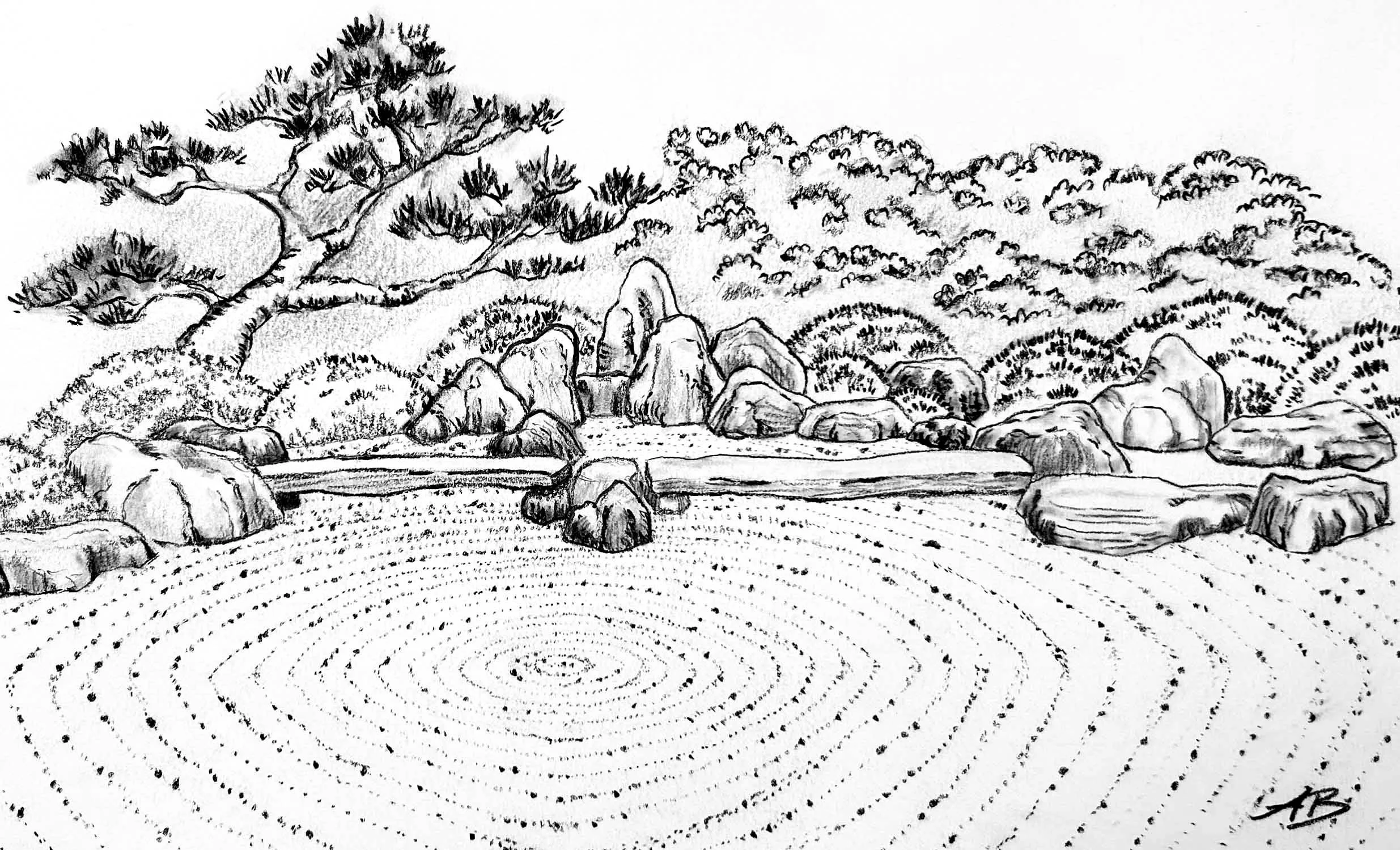 Sketch of Japanese Zen Garden with Raked Gravel