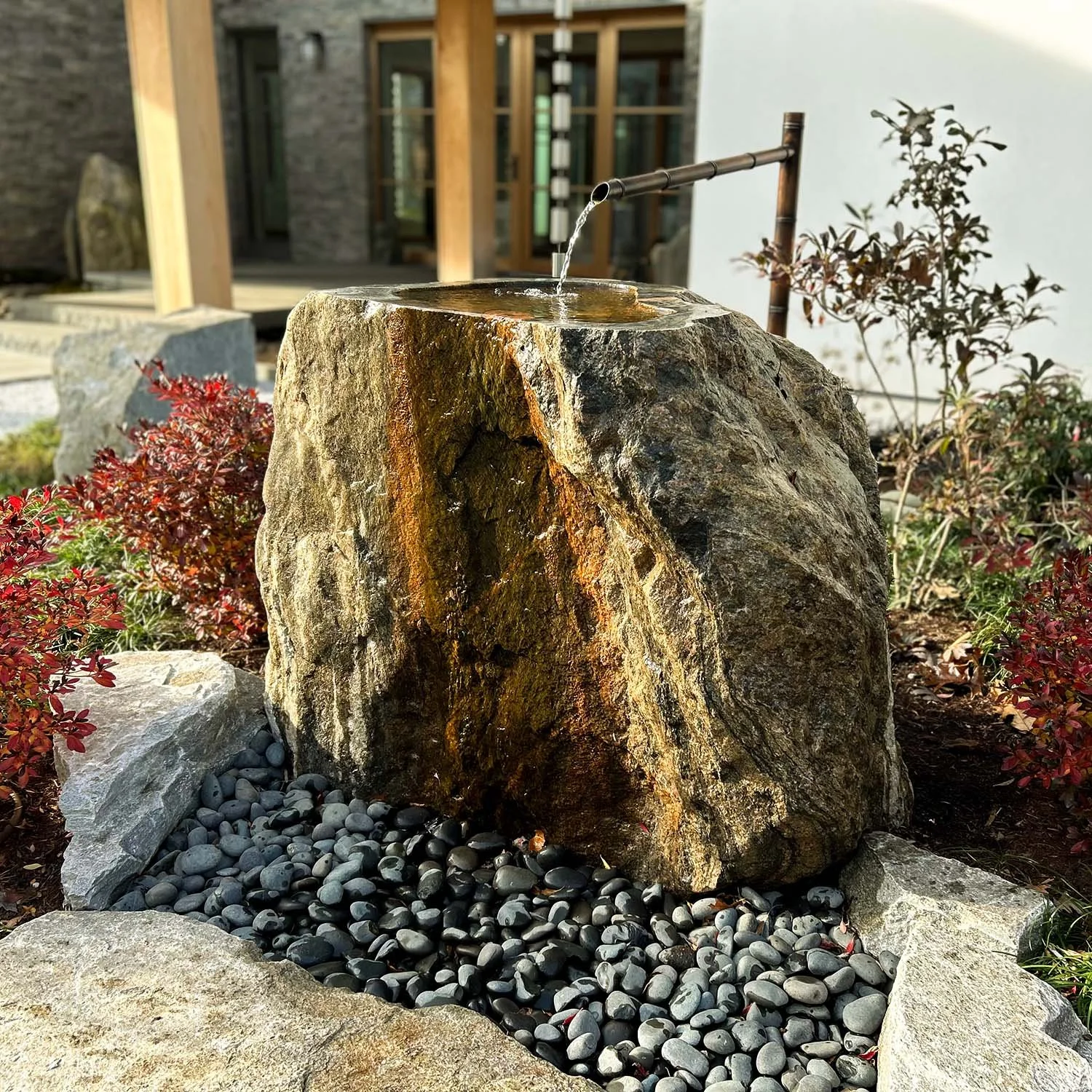 Japanese Water Basin with Natural Carved Boulder and Copper Water Spout