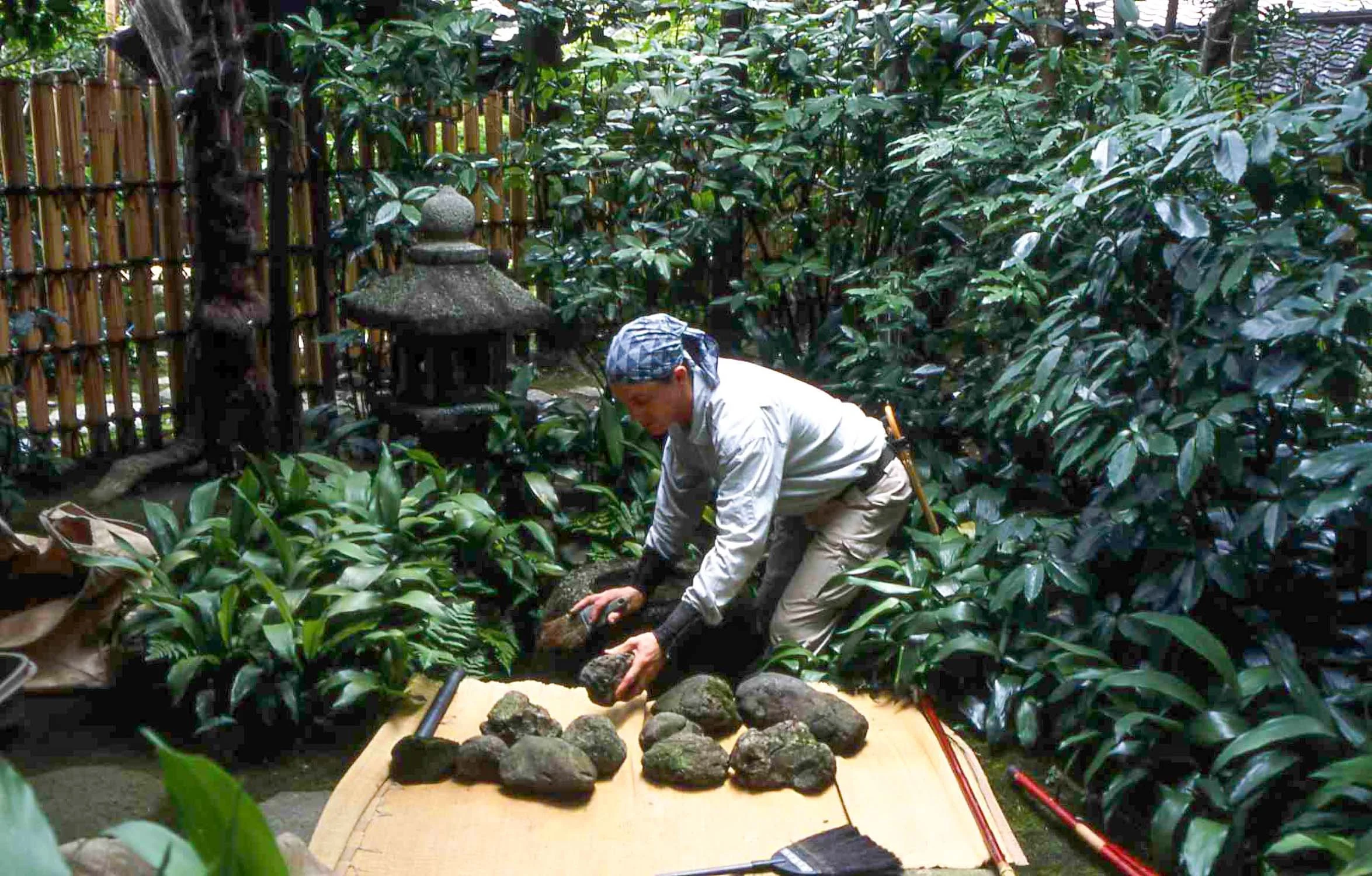 Traditional Japanese Tea Garden Tsukubai water basin with Stone Lantern