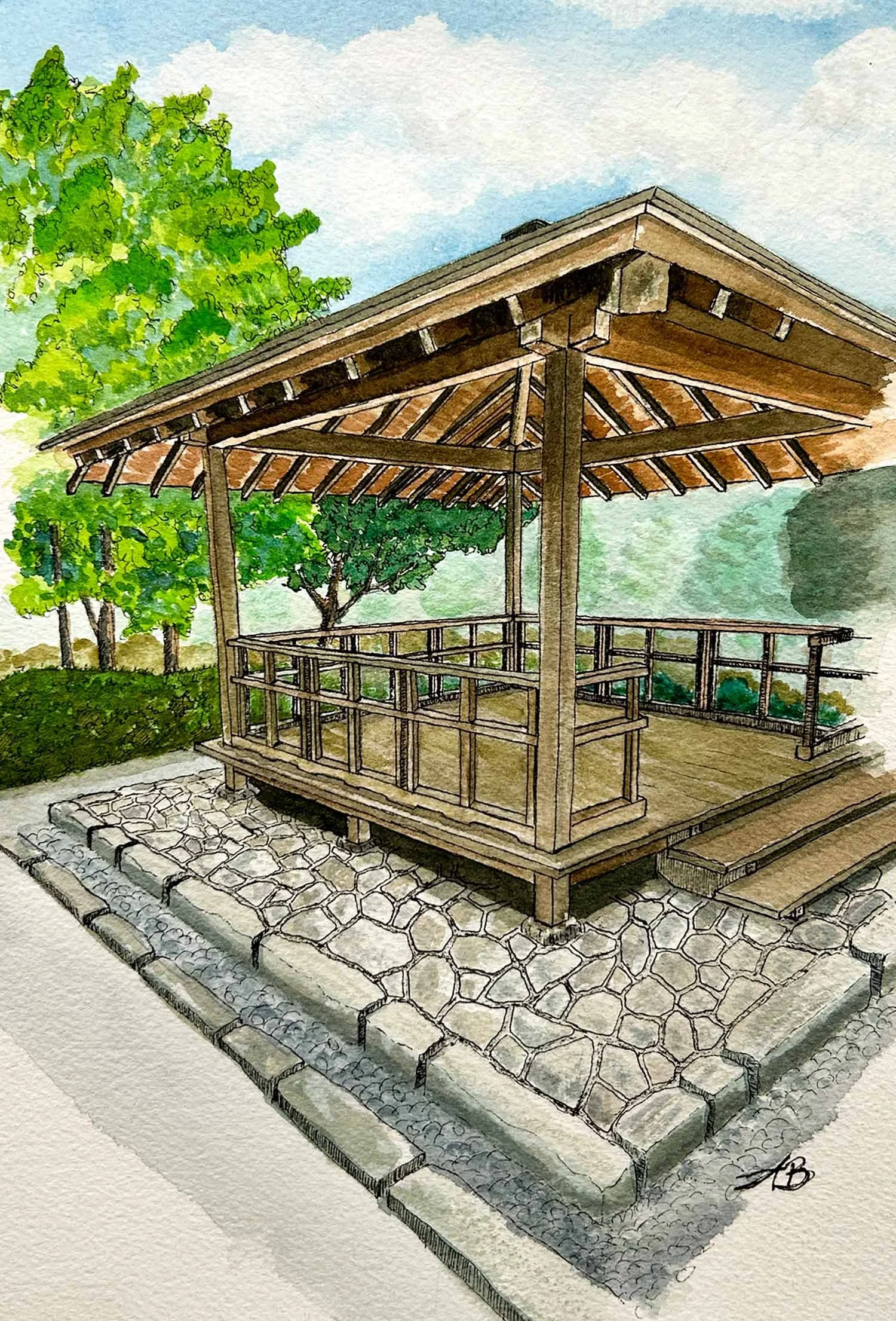 Traditional Japanese Wooden Viewing Pavilion