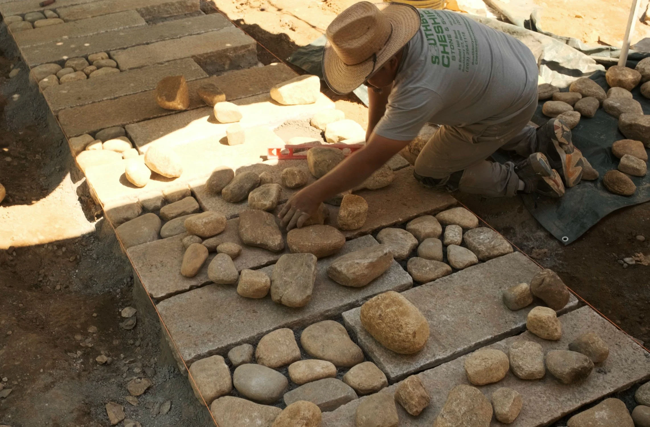 Building a Japanese Nobedan Path using field stone and antique granite stone pavers 