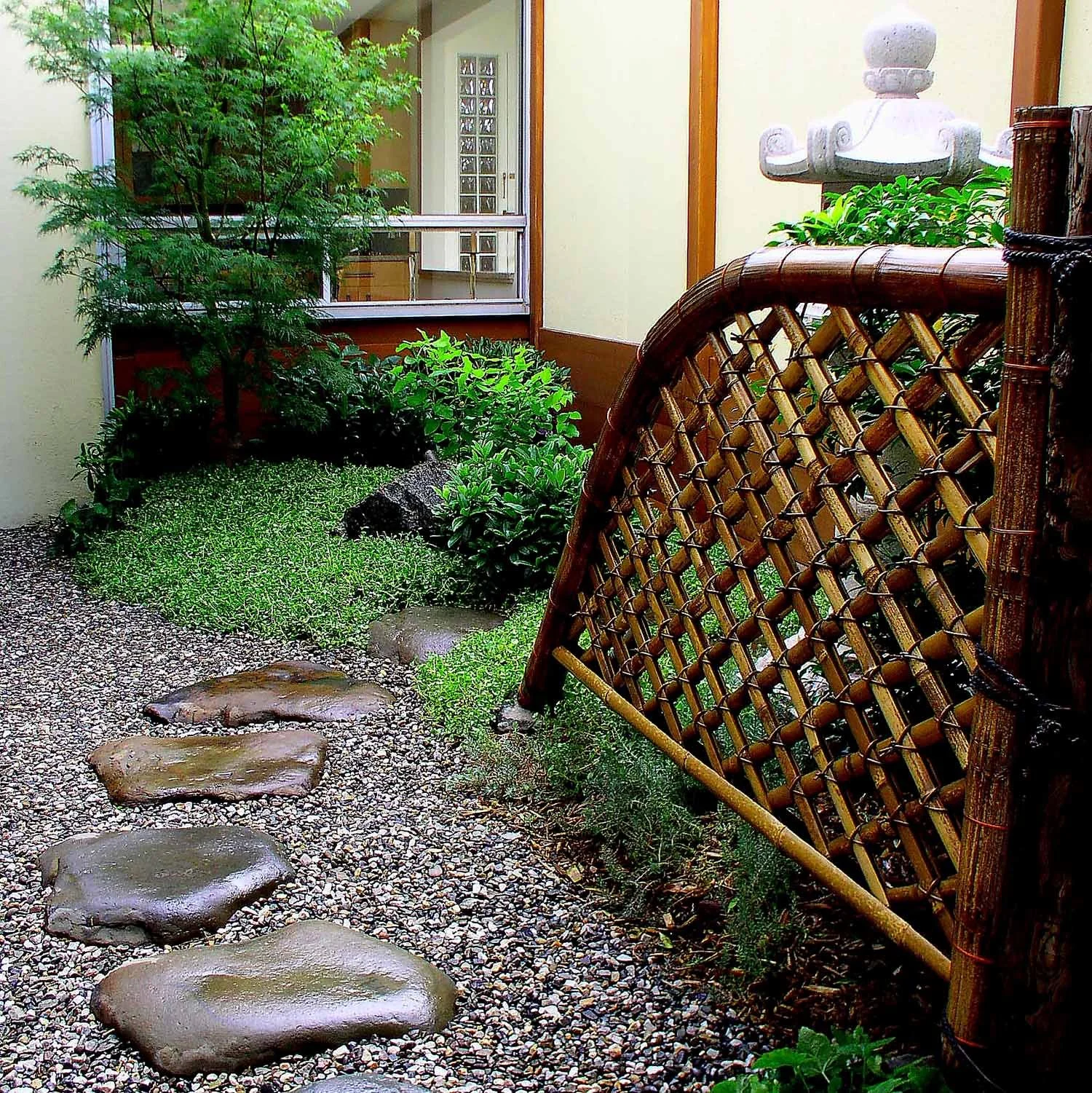 Japanese Garden for Penthouse Atrium with Woven Bamboo Fence, Stone Lantern and Japanese Maple