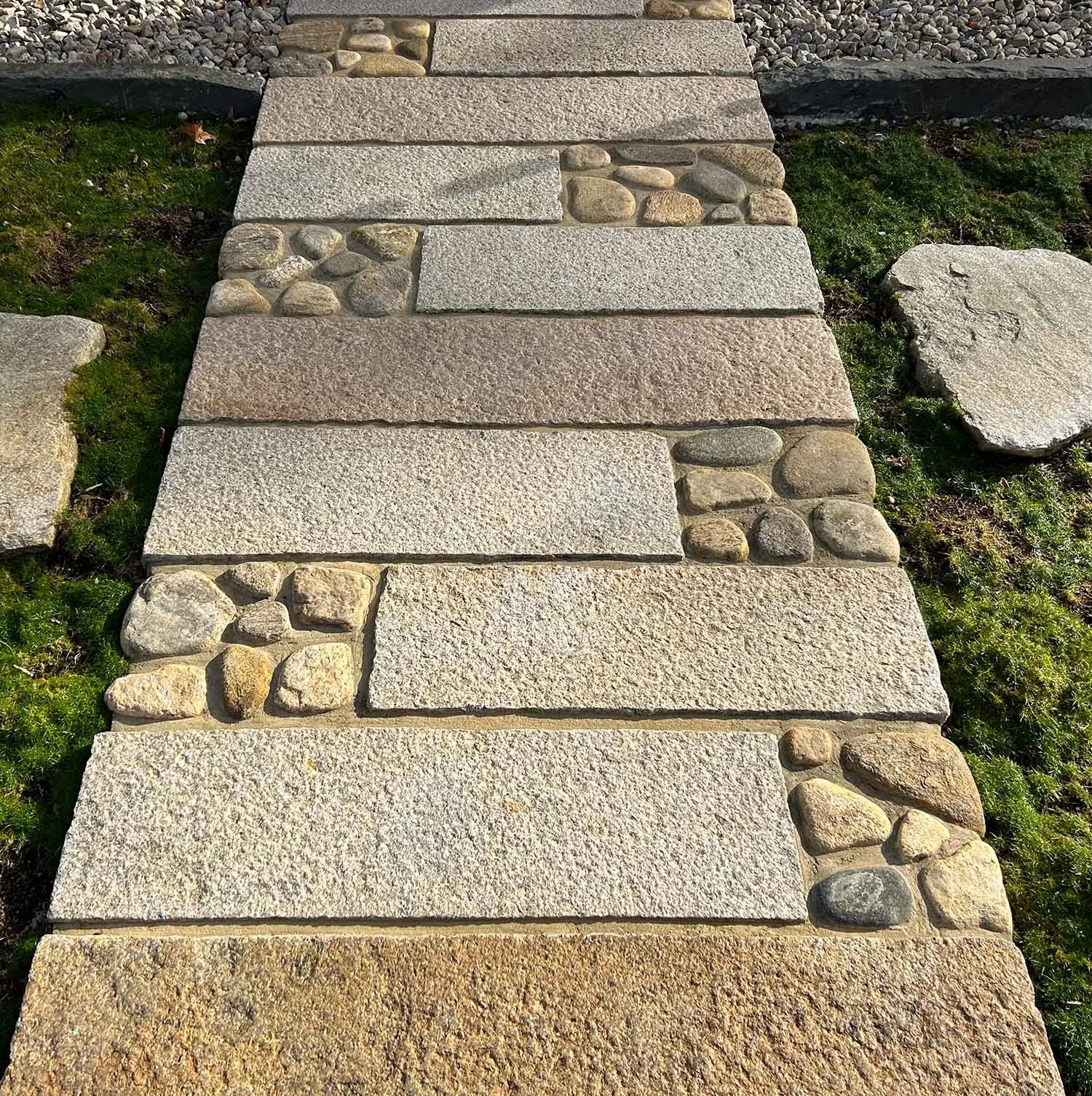 Japanese  Nobedan Path with Antique Granite Paving Stones and Fieldstone