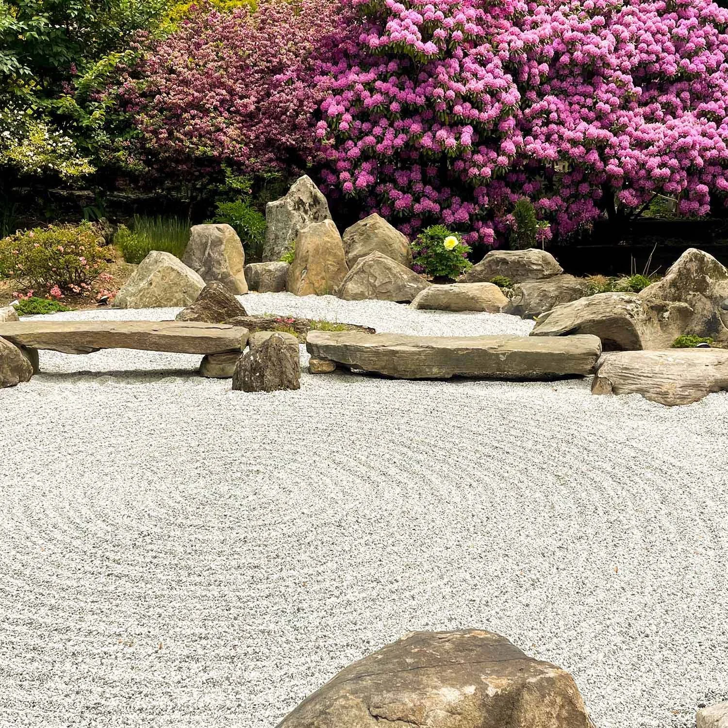 Traditional Japanese Garden with Stone Arrangement and Raked Gravel "Zen Garden"