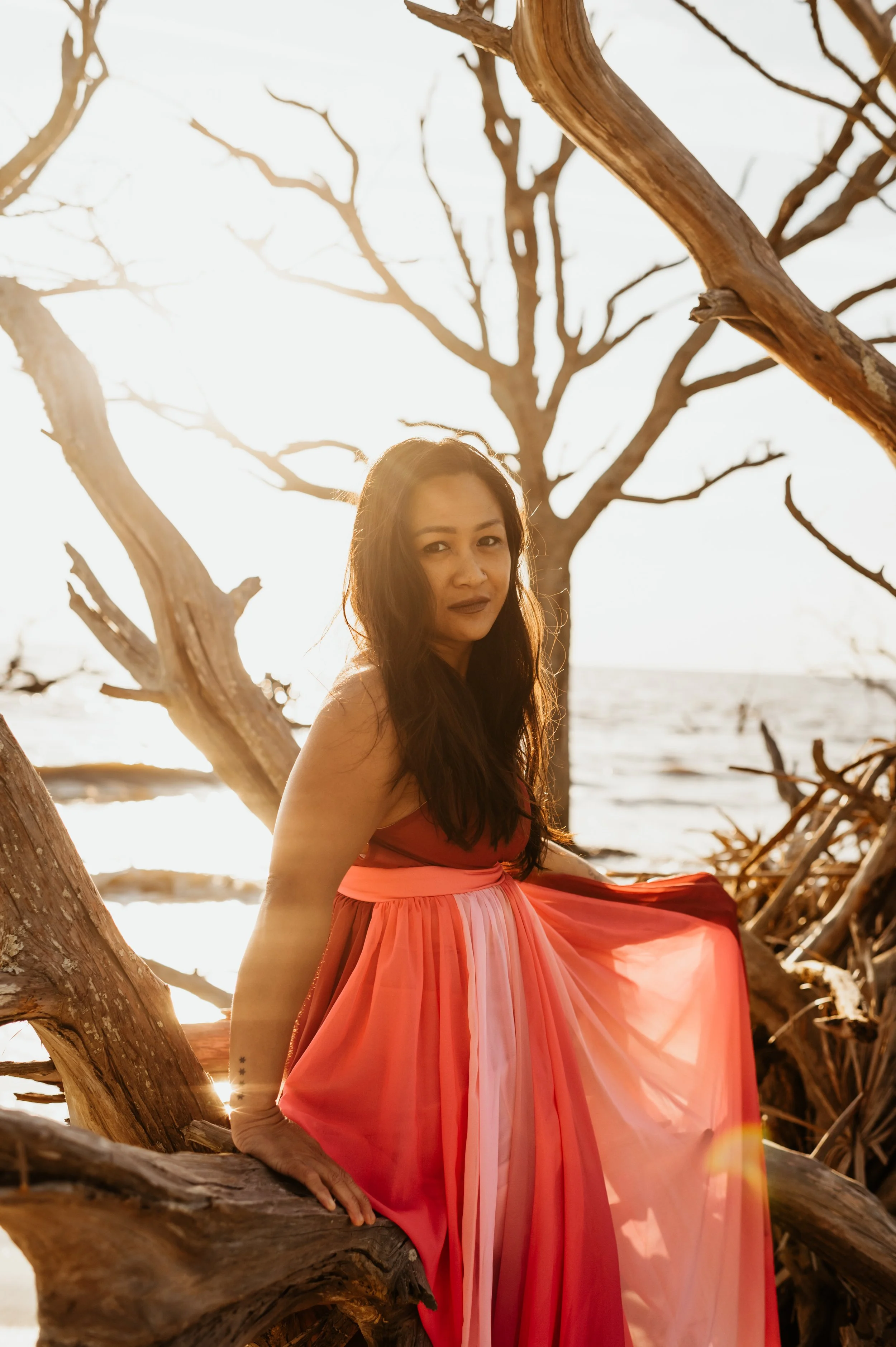 A woman with long dark hair wearing a pink and red flowing dress, sitting on a tree branch during sunset at the beach.