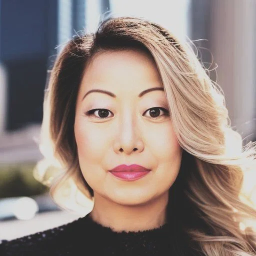 A woman with shoulder-length blonde hair, wearing makeup, and a black top, standing outdoors with a cityscape in the background.