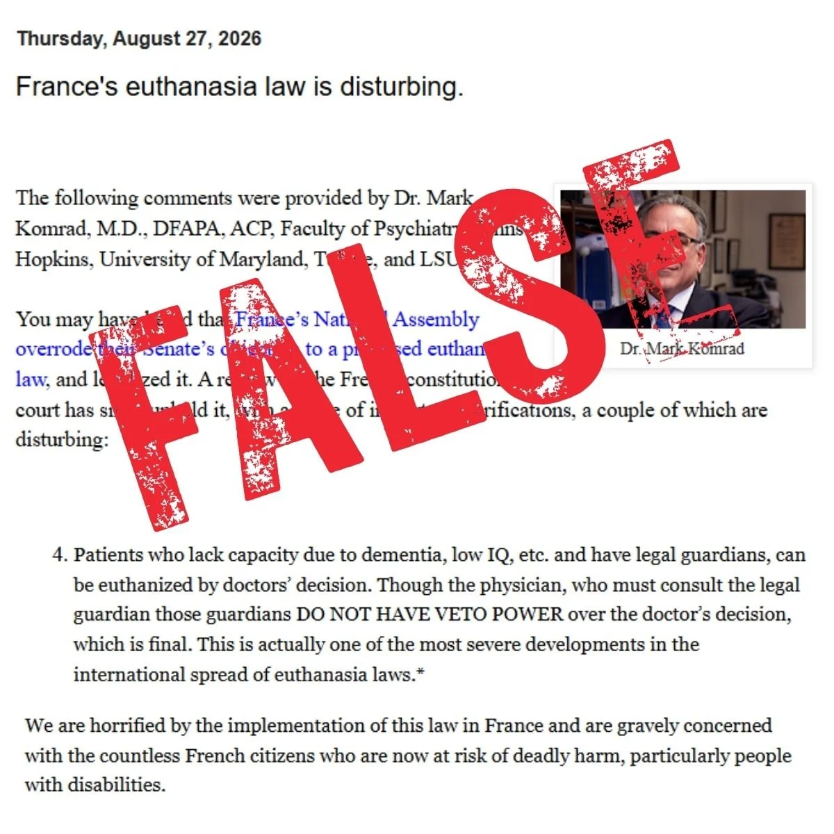 False Claim: France allows incapable people to be euthanized by a doctor’s decision