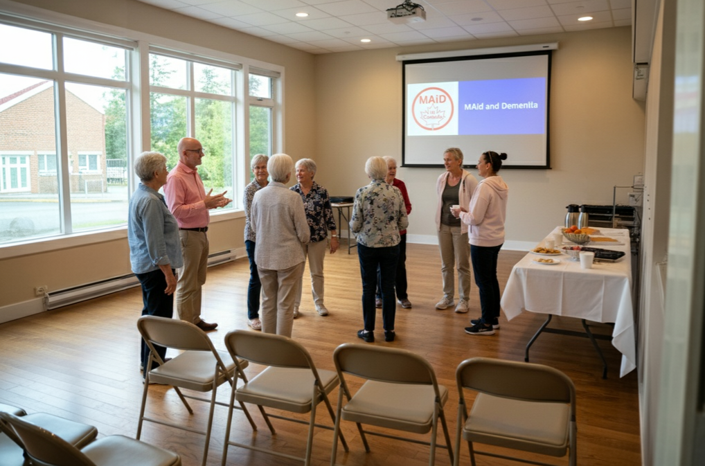 Group of elderly adults gathered in a meeting room with a presentation on dementia. There are chairs and a table with snacks on the side.