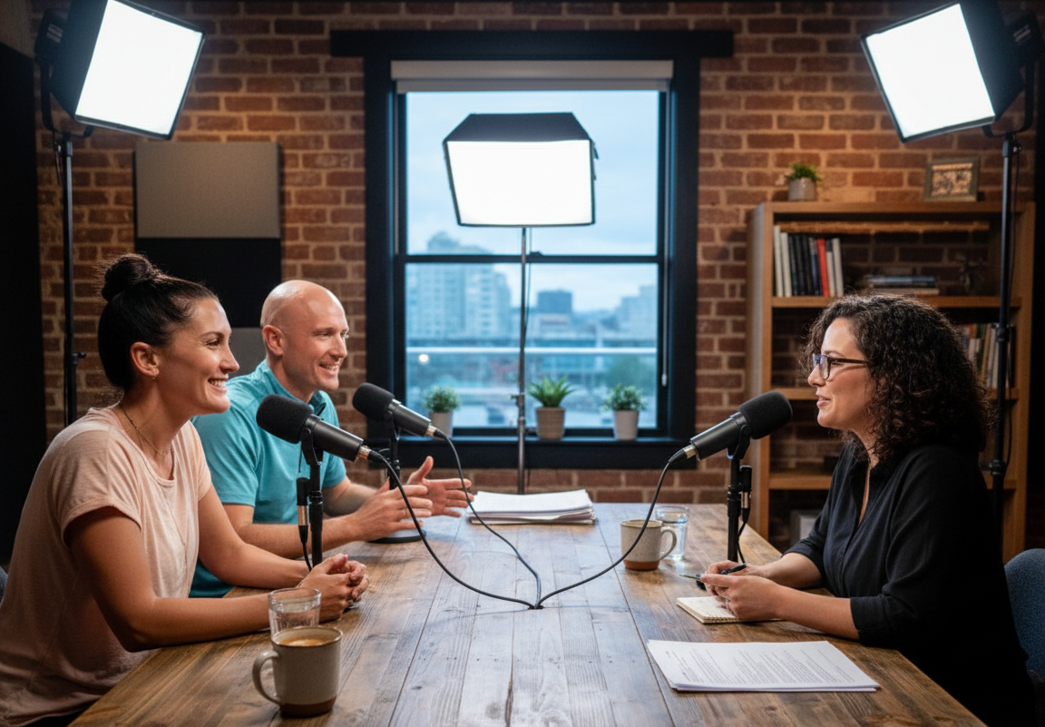 Paul and Kim, authors of MAiD in Canada, sitting at a wooden table in a podcast studio being interviewed by a woman They have microphones in front of them, and window with a city view in the background.
