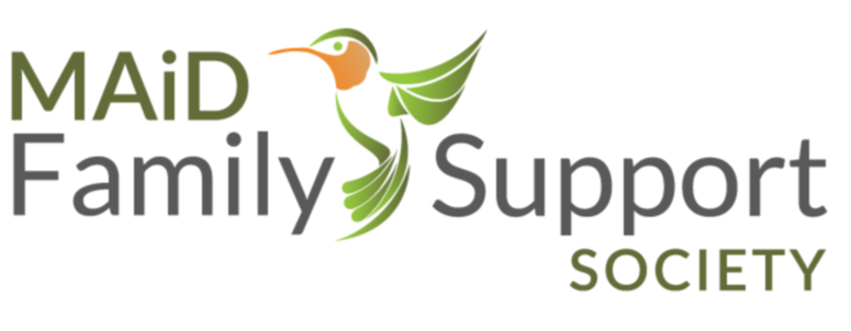 Logo for MAiD Family Support Society with a stylized hummingbird and green leaves.