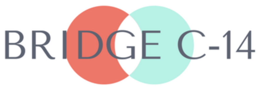 Logo with overlapping red and blue circles and the text 'BRIDGE C-14'.