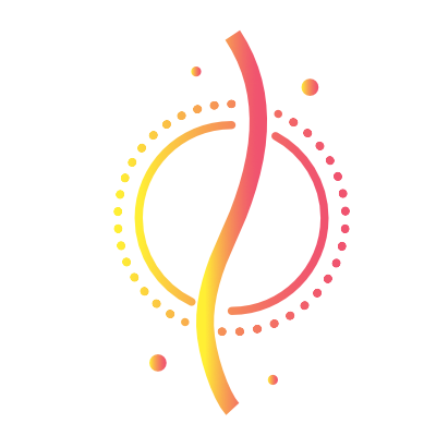 Abstract colorful geometric design with a central vertical yellow to orange gradient, surrounded by pink and red shapes on a black background.