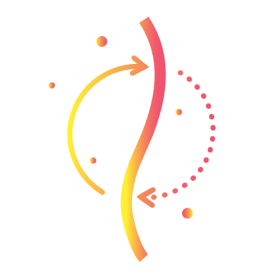 Abstract colorful geometric shapes with a gradient from yellow to pink on a black background.