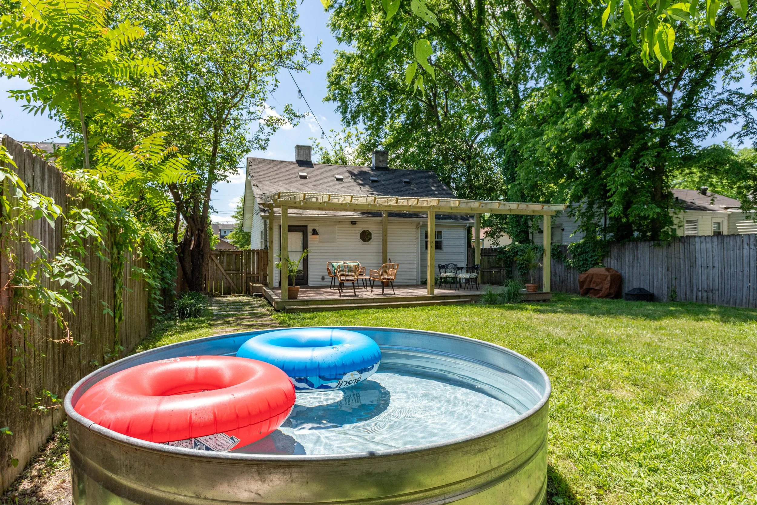 Great backyard hangout area with plunge pool and covered patio.