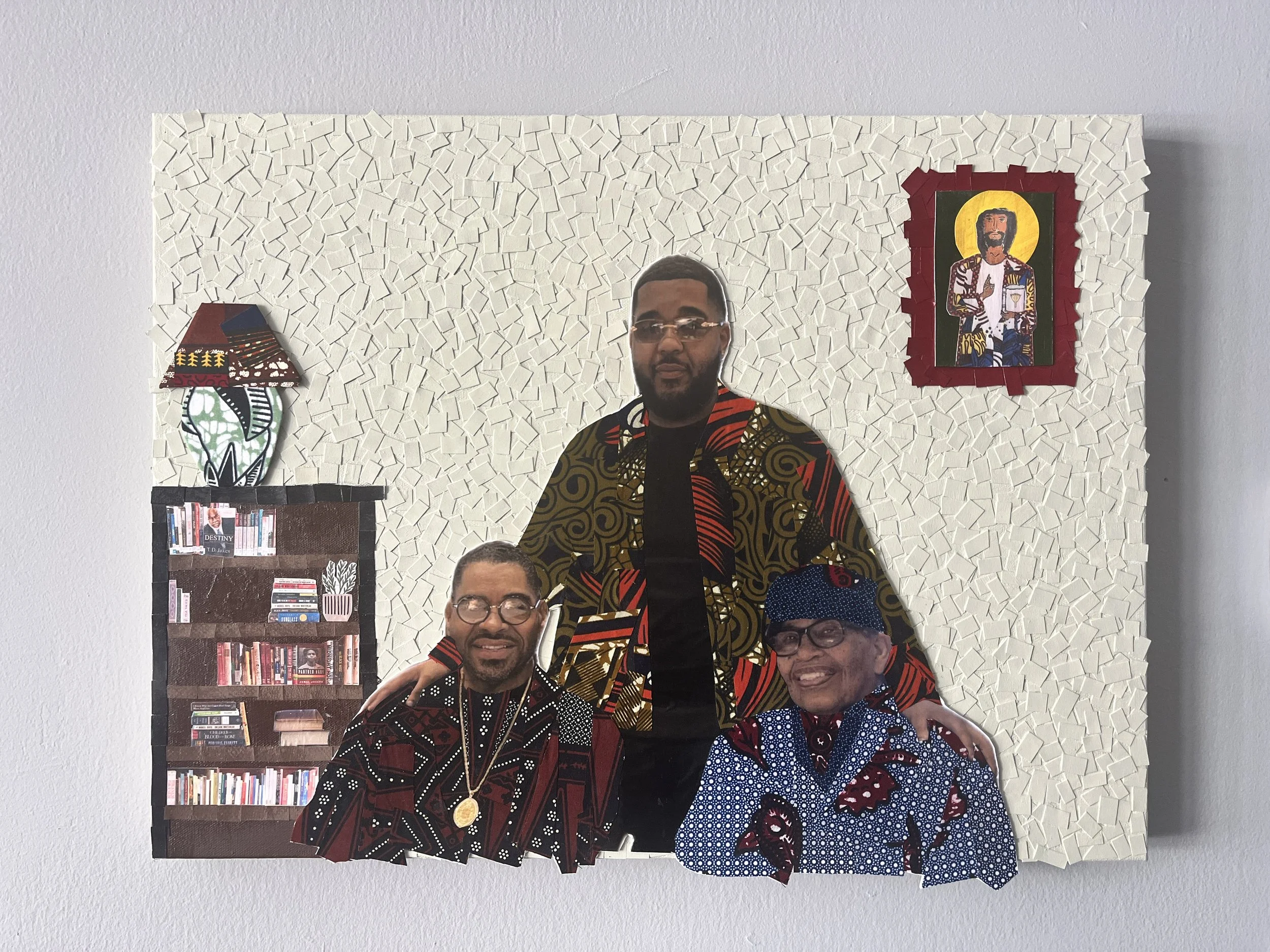 "Blessed by the Trinity"
18x24 mixed media collage on canvas with paper mosaic background