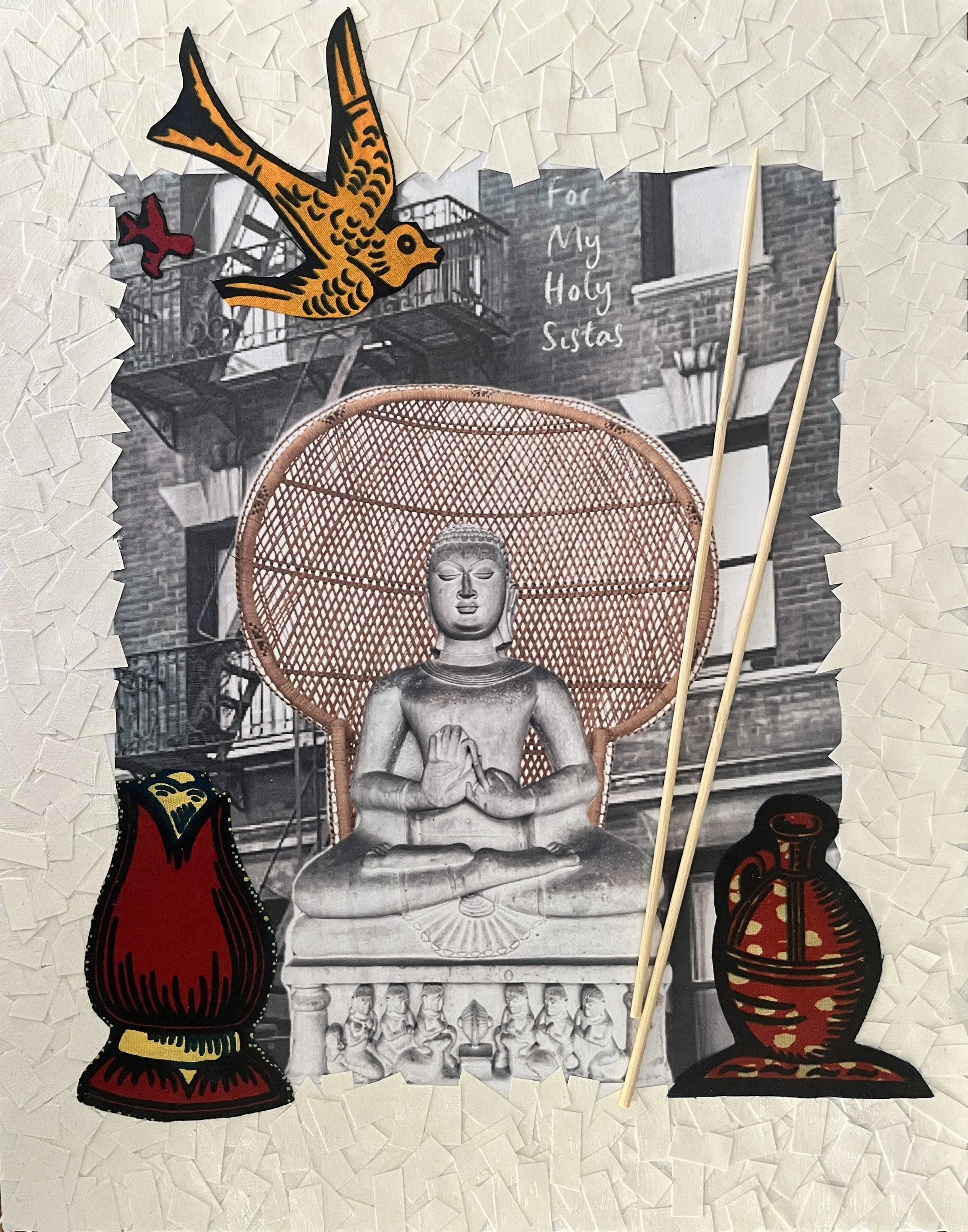 City Monk; 14" x 11" mixed-media collage on canvas