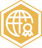 A gold-colored badge or emblem with a globe and a ribbon or medal attached.