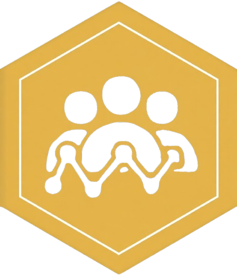 Black paw print inside a gold hexagon with a white border.