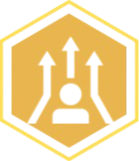 A black and gold safety warning icon showing three arrows pointing in different directions with a person symbol at the bottom, indicating road or traffic directions or safety.