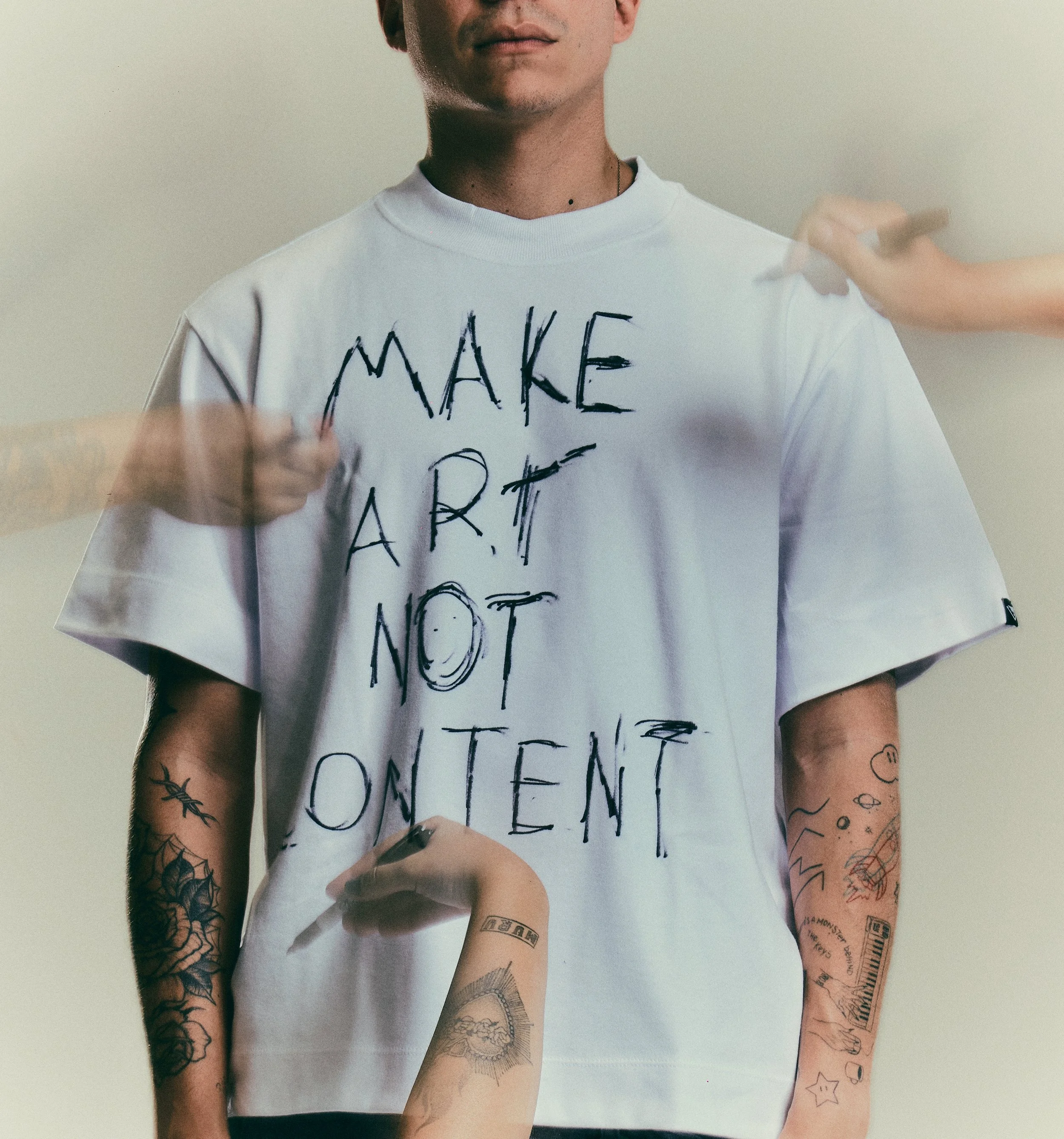 "make art not content" t-shirt