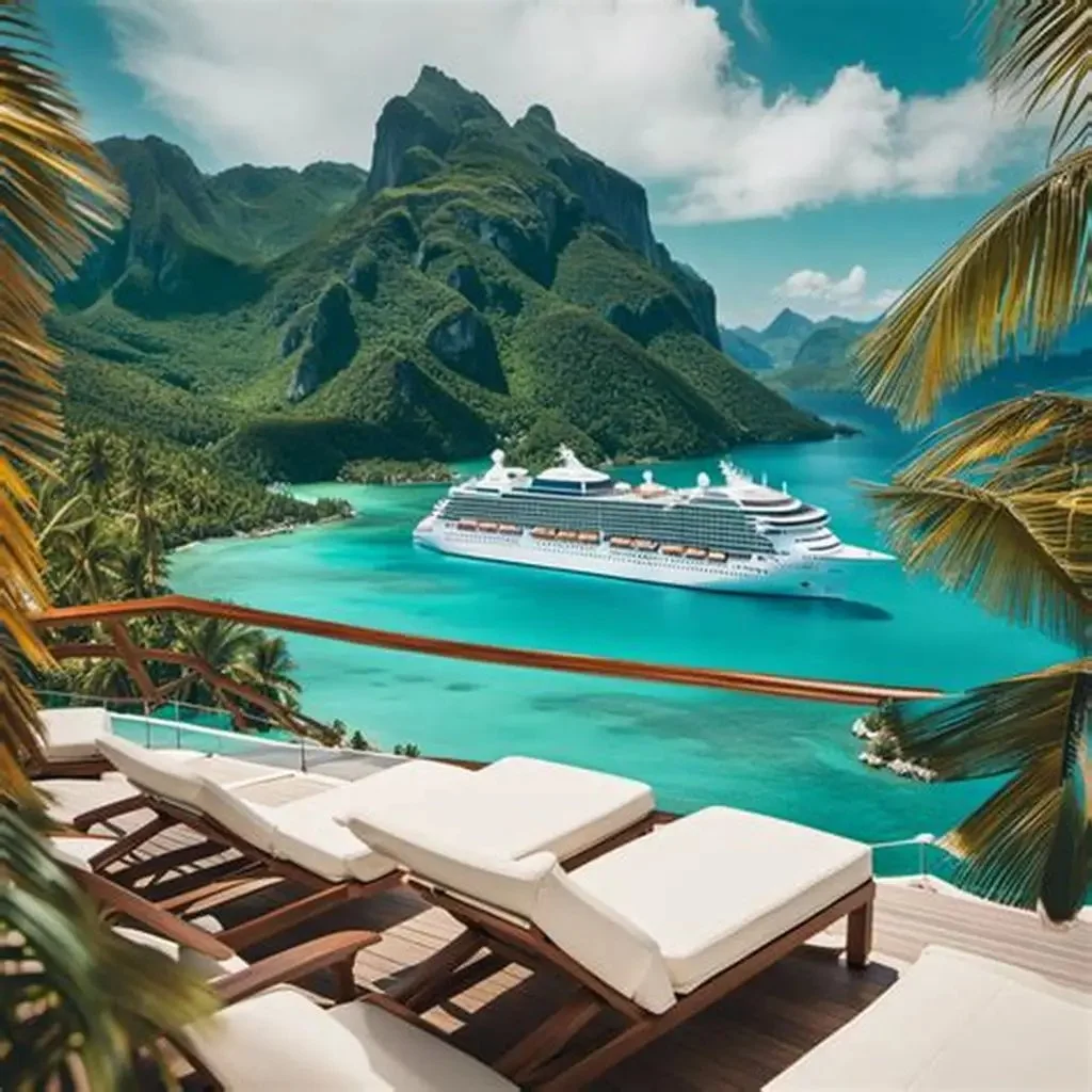 A tropical mountain landscape with clear turquoise water and a large cruise ship. Palm trees frame a viewing deck with lounge chairs in the foreground.