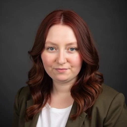 Headshot of a woman with long, wavy red hair, wearing a white shirt and olive green blazer, against a dark background.