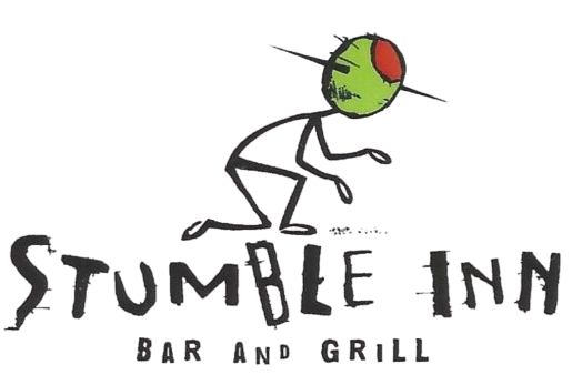 Cartoon man with a red hat sitting on a sign that says 'Stumble Inn Bar and Grill'.