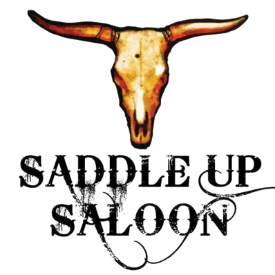 Logo for SaddlebUp Saloon featuring a cow skull with horns and the text 'SADDLE UP SALOON' underneath.