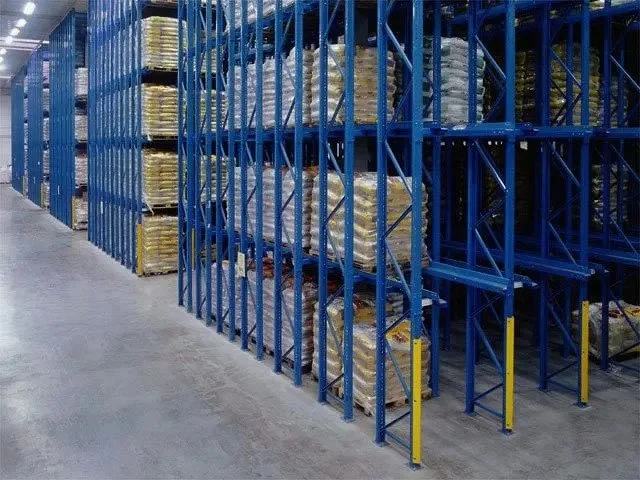 Warehouse storage racks filled with boxed goods.
