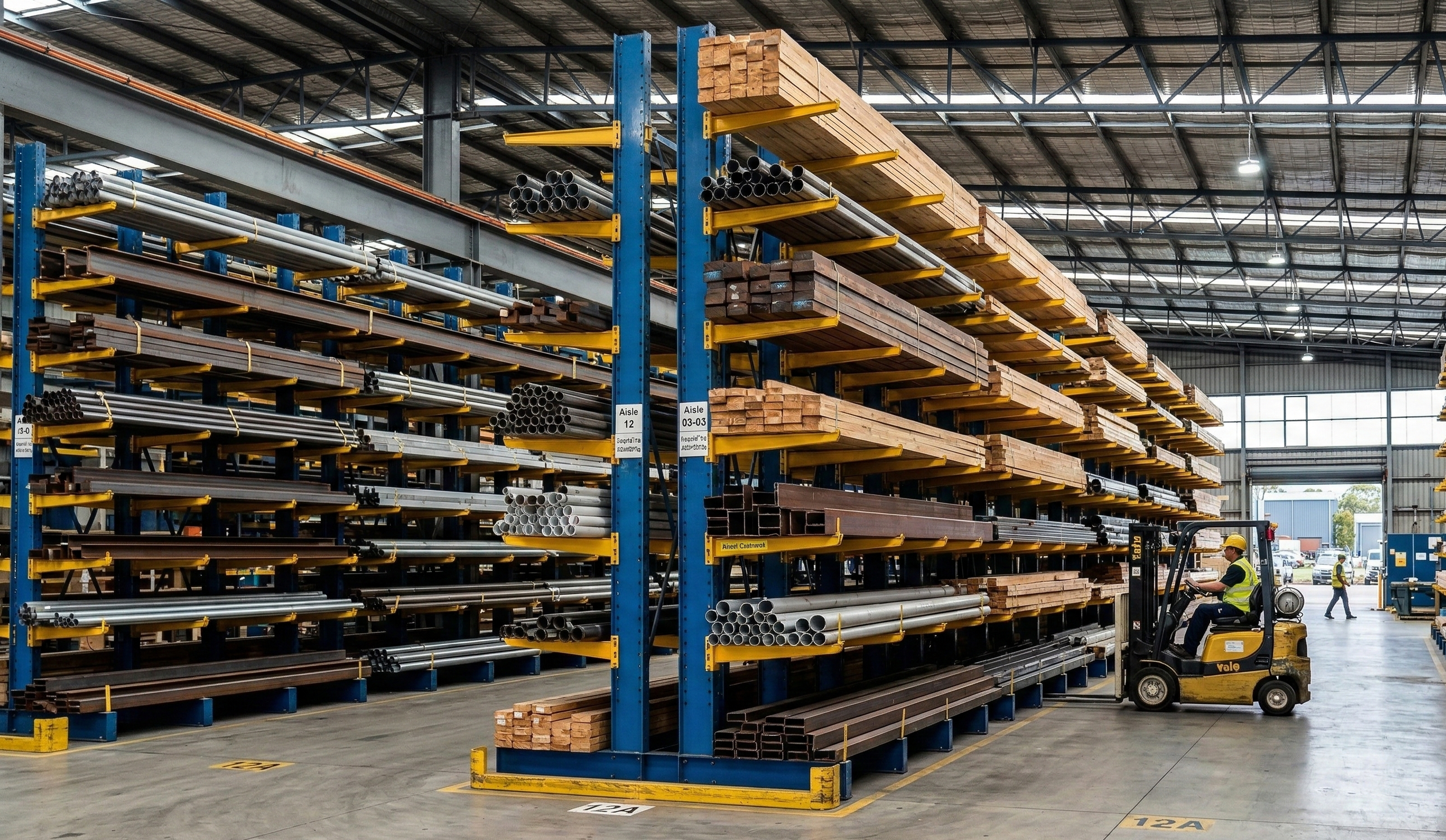 Interior of a warehouse with metal shelves stacked with various pipes and wooden beams, a forklift operator in a yellow safety vest and helmet moving materials, and other workers in the background.